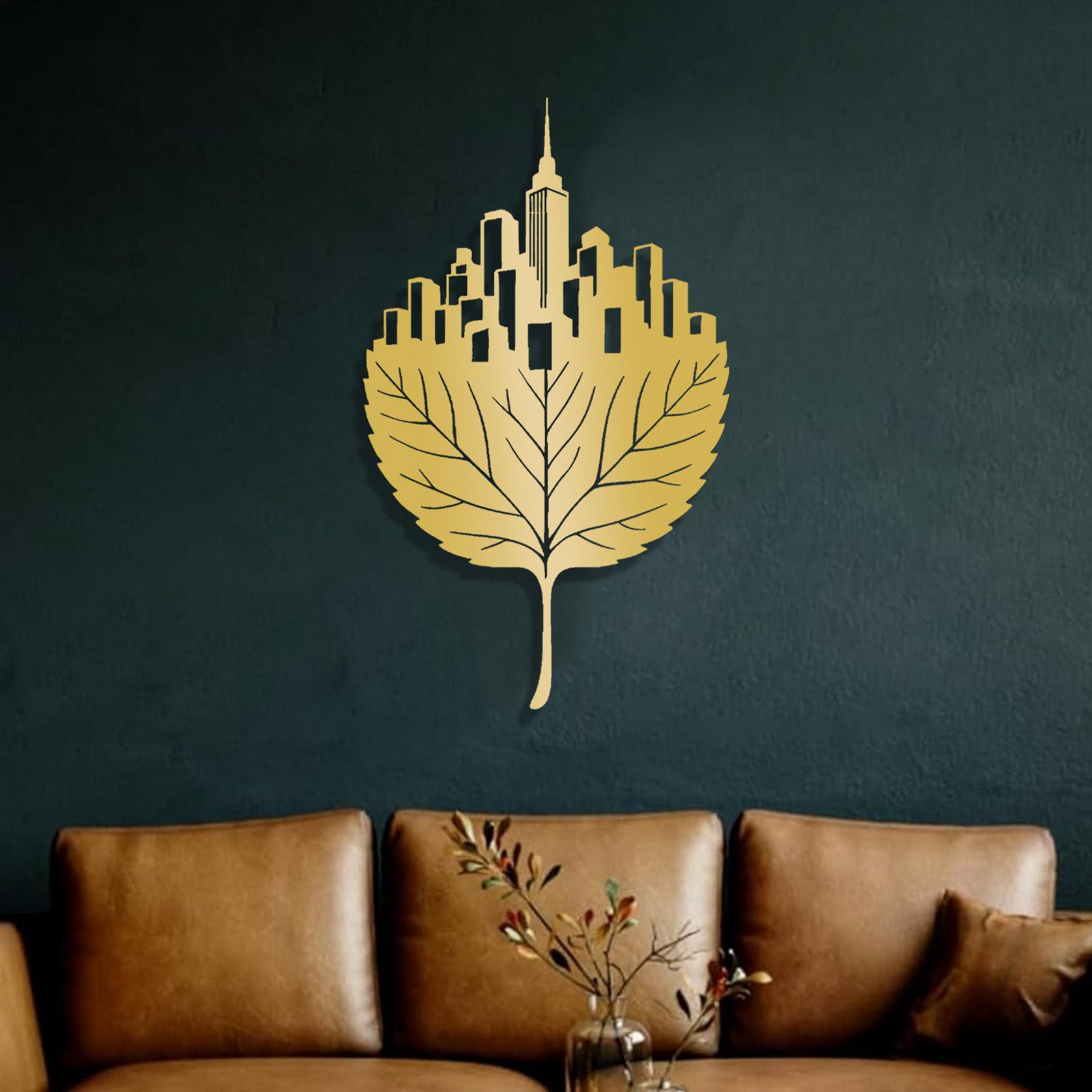 Jumpeak Wanddekoobjekt wanddekoration metall,Blatt,Stadt Silhouette,Abstrakte Kunst, Architektonische Eisendekoration,Wanddekorationen,4 Farben, 3 Größen