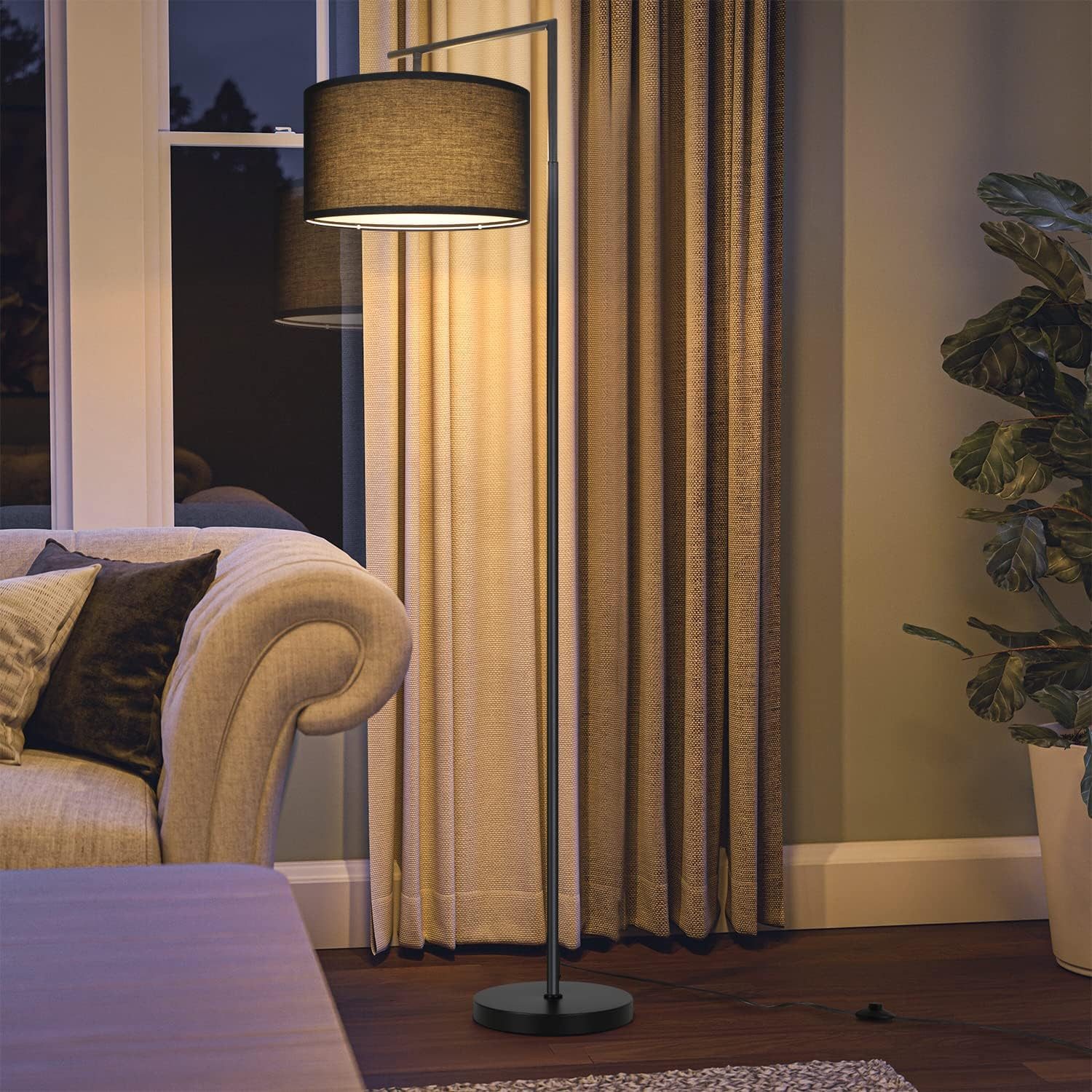 Nettlife Stehlampe Wohnzimmer Schwarz Stehleuchte Stoffschirm Bogenlampe E27 Leselampe, mit Fußschalter, LED wechselbar, Schlafzimmer Wohnzimmer Arbeitszimmer – Bild 2 von 5