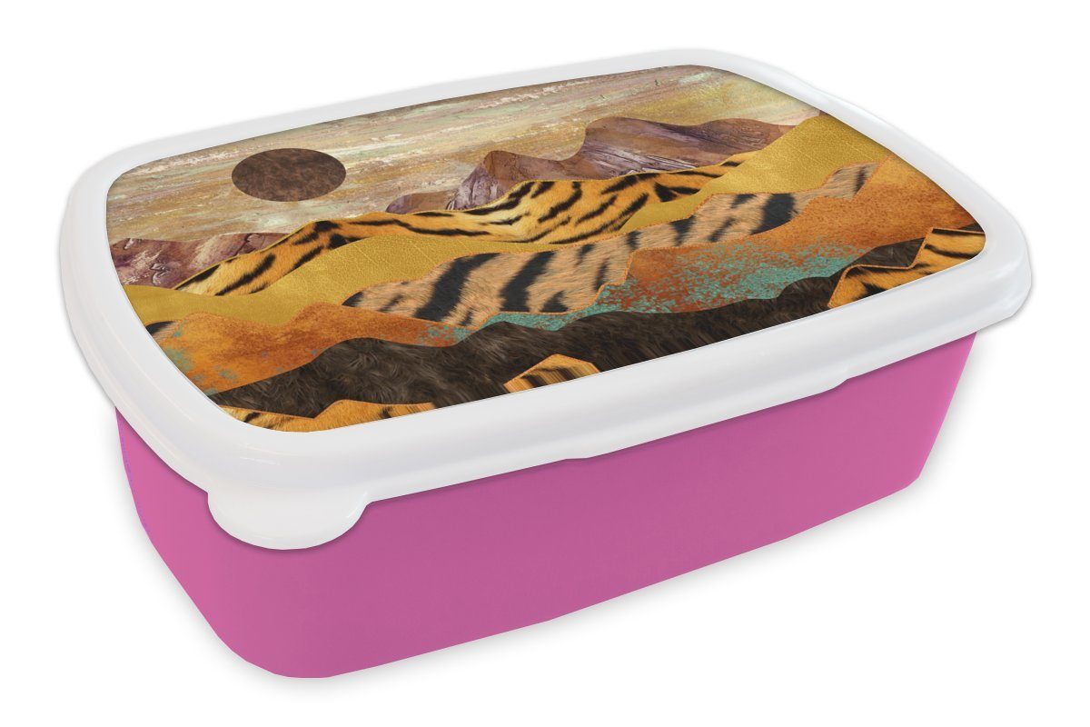 MuchoWow Lunchbox Marmor - Tigerdruck - Gold, Kunststoff, (2-tlg), Brotbox für Erwachsene, Brotdose Kinder, Snackbox, Mädchen, Kunststoff rosa