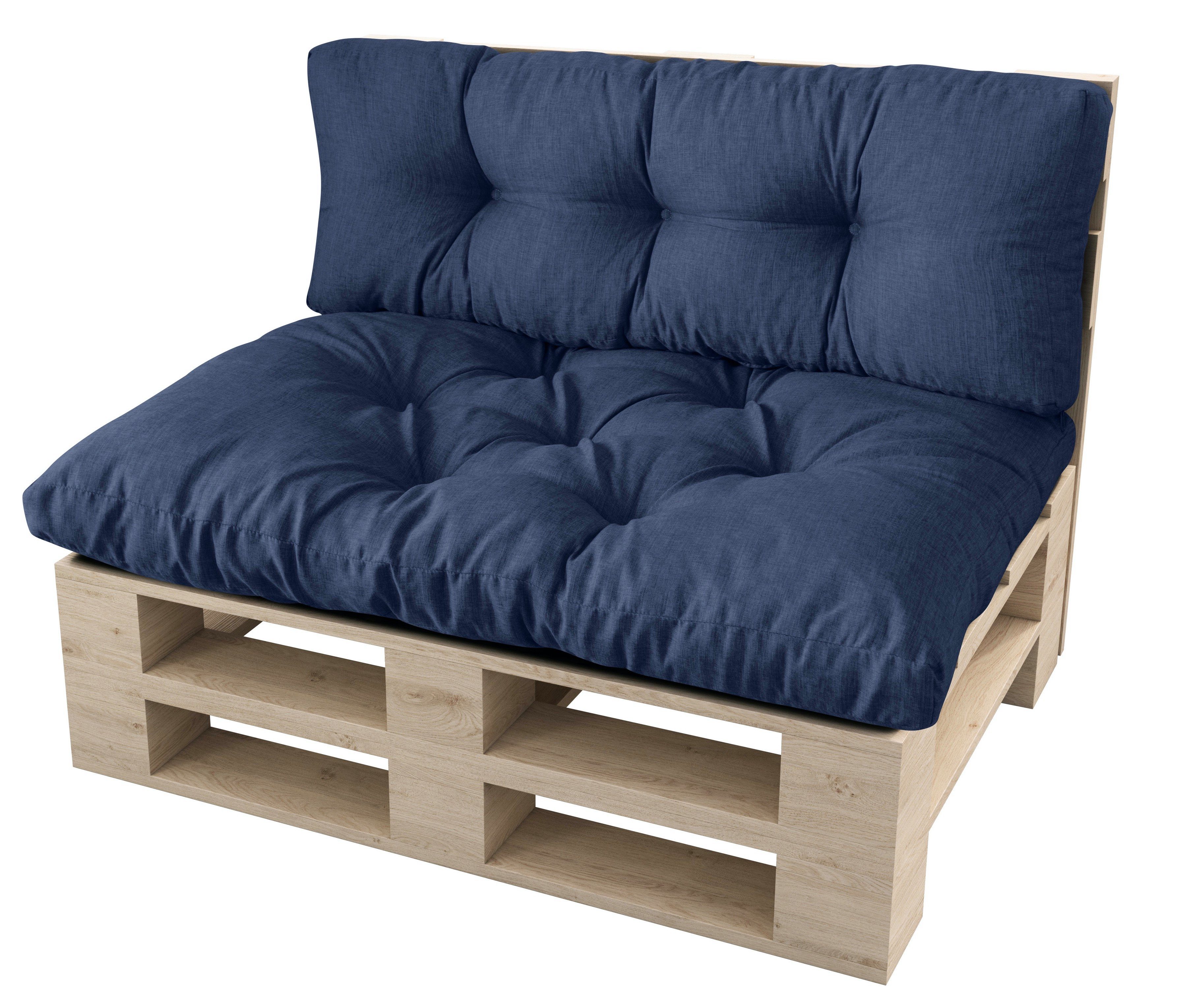 sunnypillow Palettenkissen Malmo - Set Sitzkissen 120x80x12 + Rückenkissen 120x40x15, palettenmöbel palettencouch polsterauflage Blau