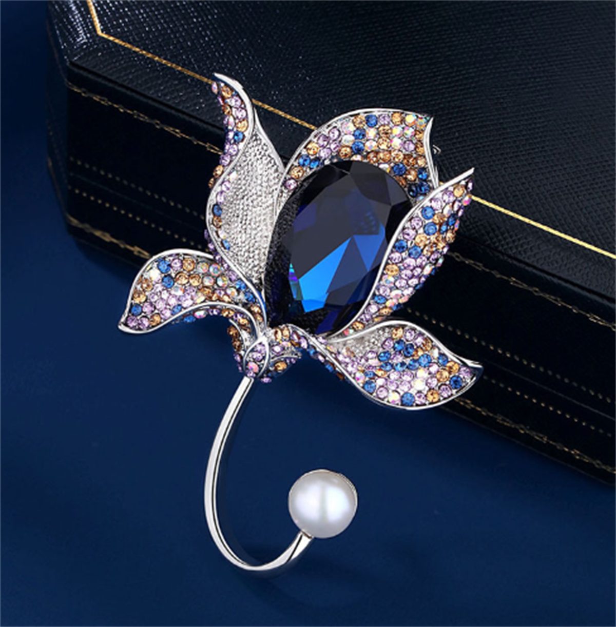 Brosche mit Vintage-Brosche selected Silber Kristall-Blumen-Orchideen-Perlen-Zirkon carefully