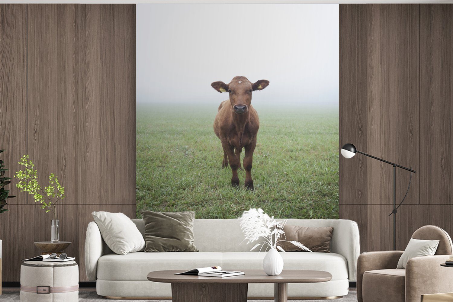 Schlafzimmer bedruckt, Küche, Vliestapete Nebel Matt, - für Fototapete Fototapete Wohnzimmer MuchoWow (3 - Kuh Gras, St),