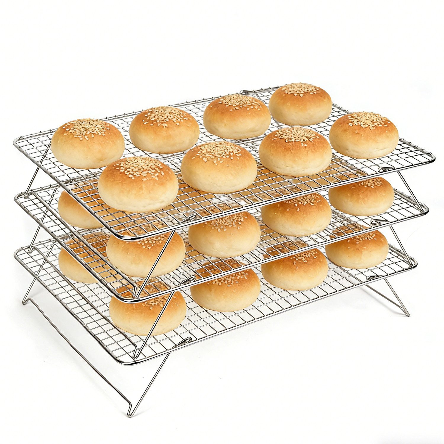 OSTWOLKE Abkühlgitter 3-stöckiges Edelstahl Abkühlgitter 41 x 30 cm - Faltbares Kuchengitter, Platzsparendes Backzubehör für Muffins Kuchen Kekse Plätzchen Brot