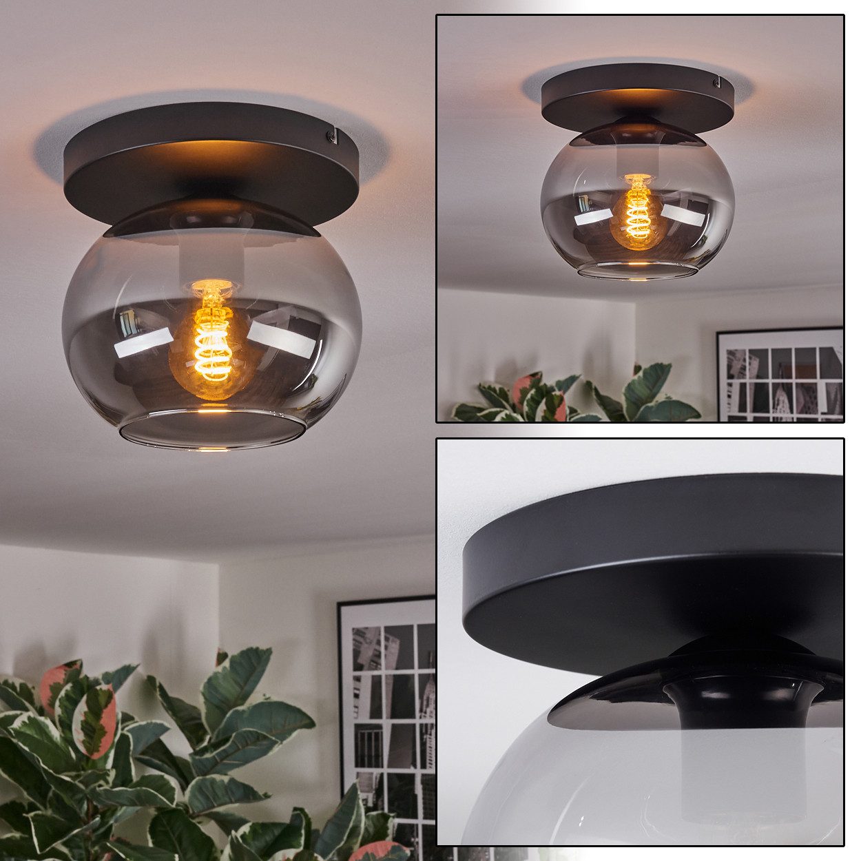 hofstein Deckenleuchte 1-flammige Deckenlampe aus Metall/Glas in Schwarz/Rauchfarben, ohne Leuchtmittel, Leuchte im modernen Retro/Vintage-Design (Schirm Ø 20 cm), E27