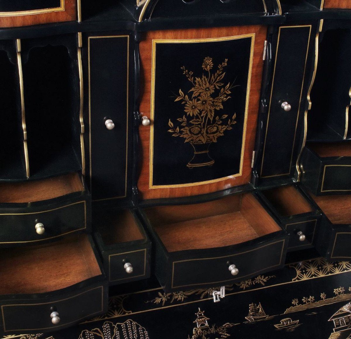 Casa Padrino Schreibtisch Luxus Barock Prunkvoller 104 Schreibtisch Schwarz x 58 Massivholz chinesischen Stil x - Büromöbel im Edle 238 Barock Gold Büroschrank H. Schrank cm - 