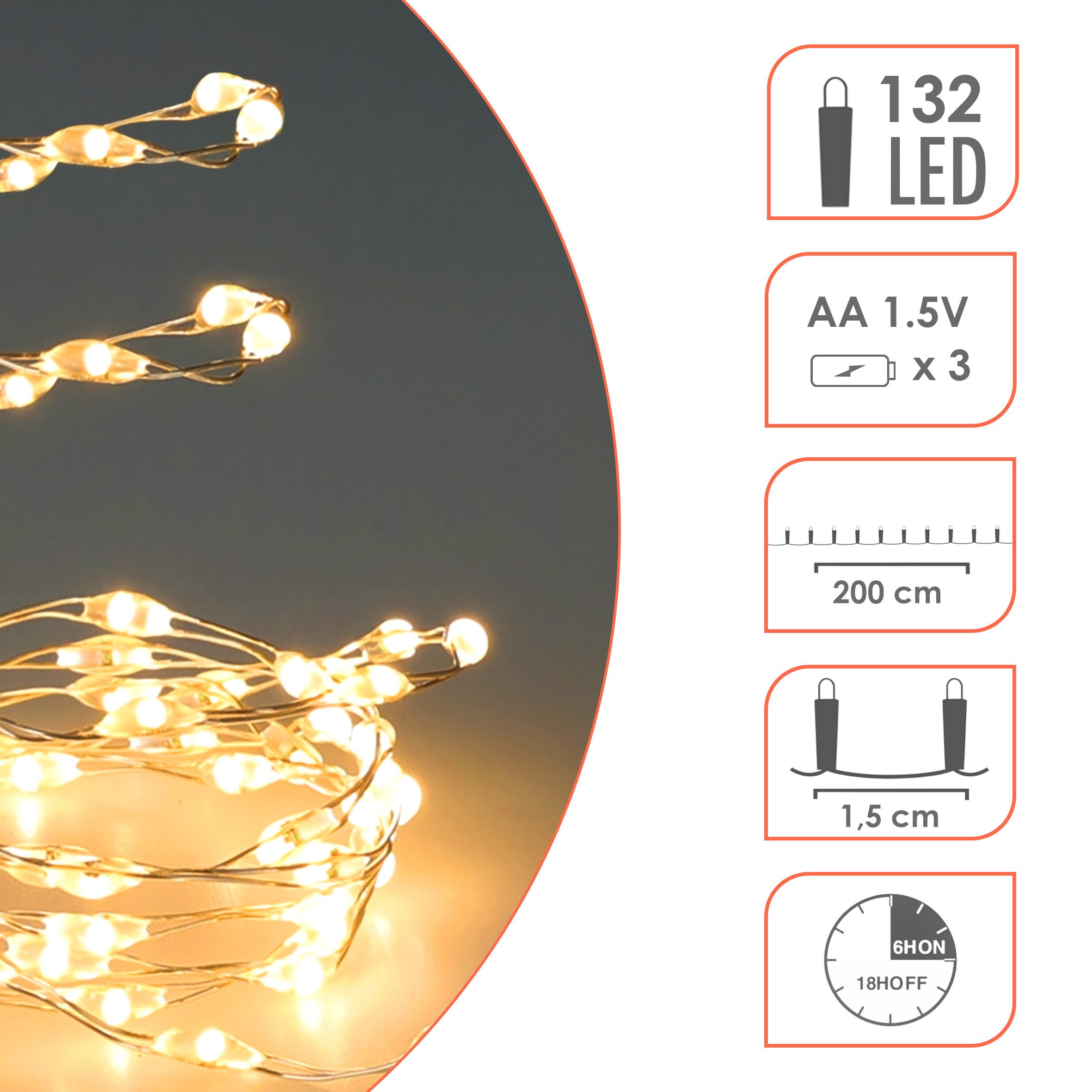 Spetebo LED-Lichterkette Leuchtdraht warm weiß - 200 cm, 132-flammig, mit Timer Funktion