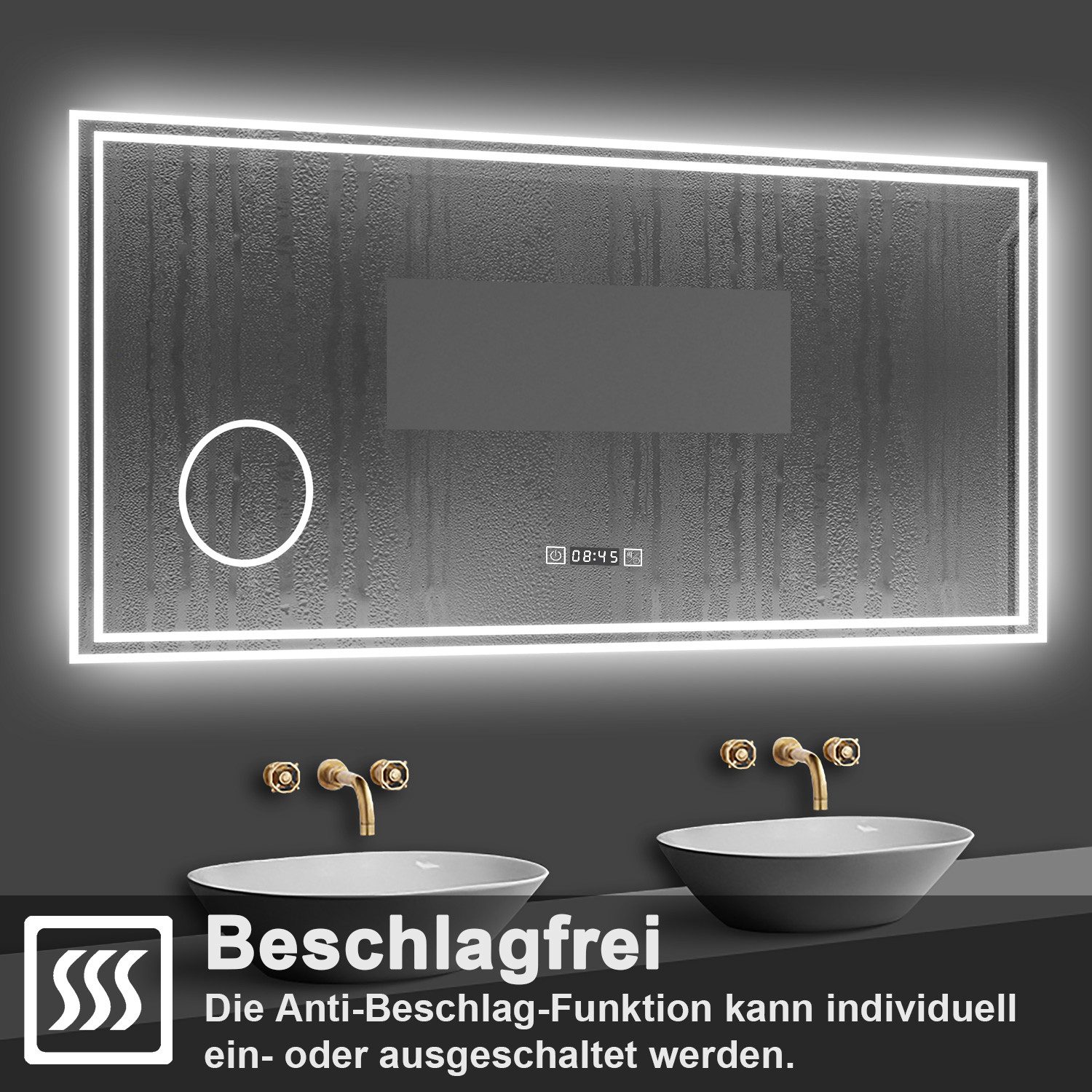 duschspa Badspiegel 80-160cm mit LED, Uhr, Beschlagfrei, Schminkspiegel, Kalt/Warm/Neutral Licht, dimmbar, Helligkeit-Speicherfunktion
