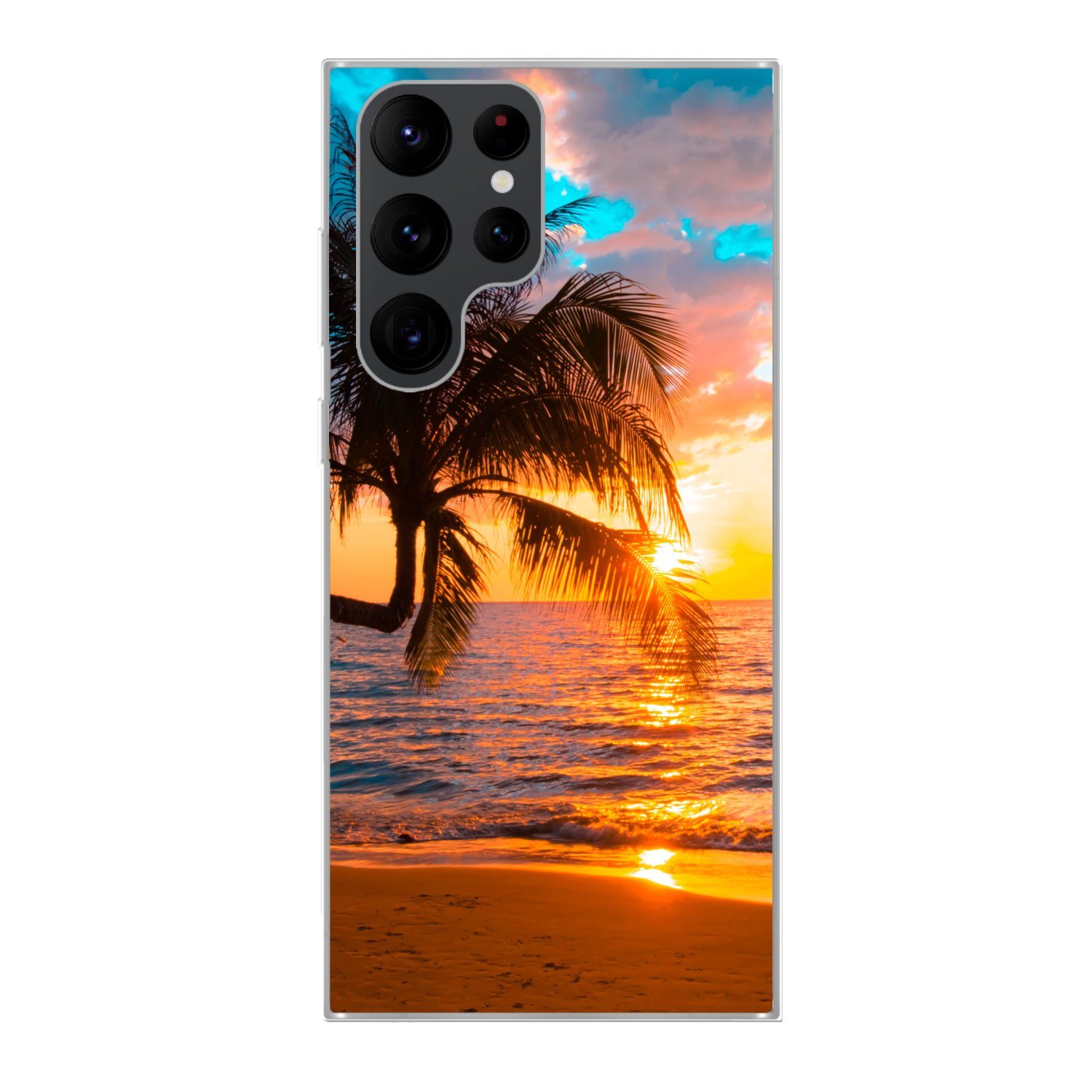 MuchoWow Handyhülle für Samsung Galaxy S22 Ultra Palme - Sonnenuntergang - Horizont - Stra, Phone Case, Silikon, Schutzhülle Dünn