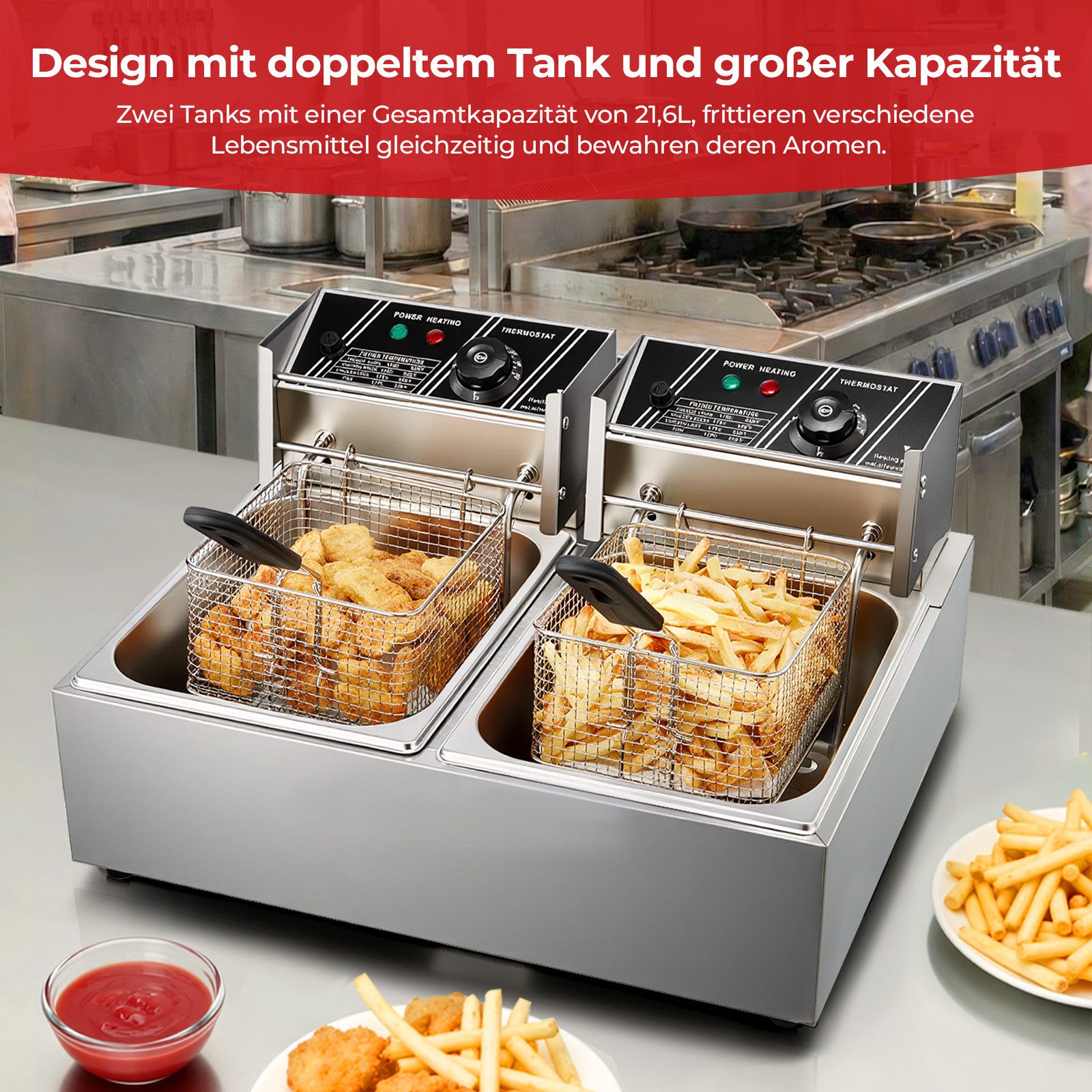 FOHERE Kaltzonenfritteuse Fritteuse mit Fettauffangbehälter, 21,6L große Doppelfritteuse mit Frittierkorb, 3400 W