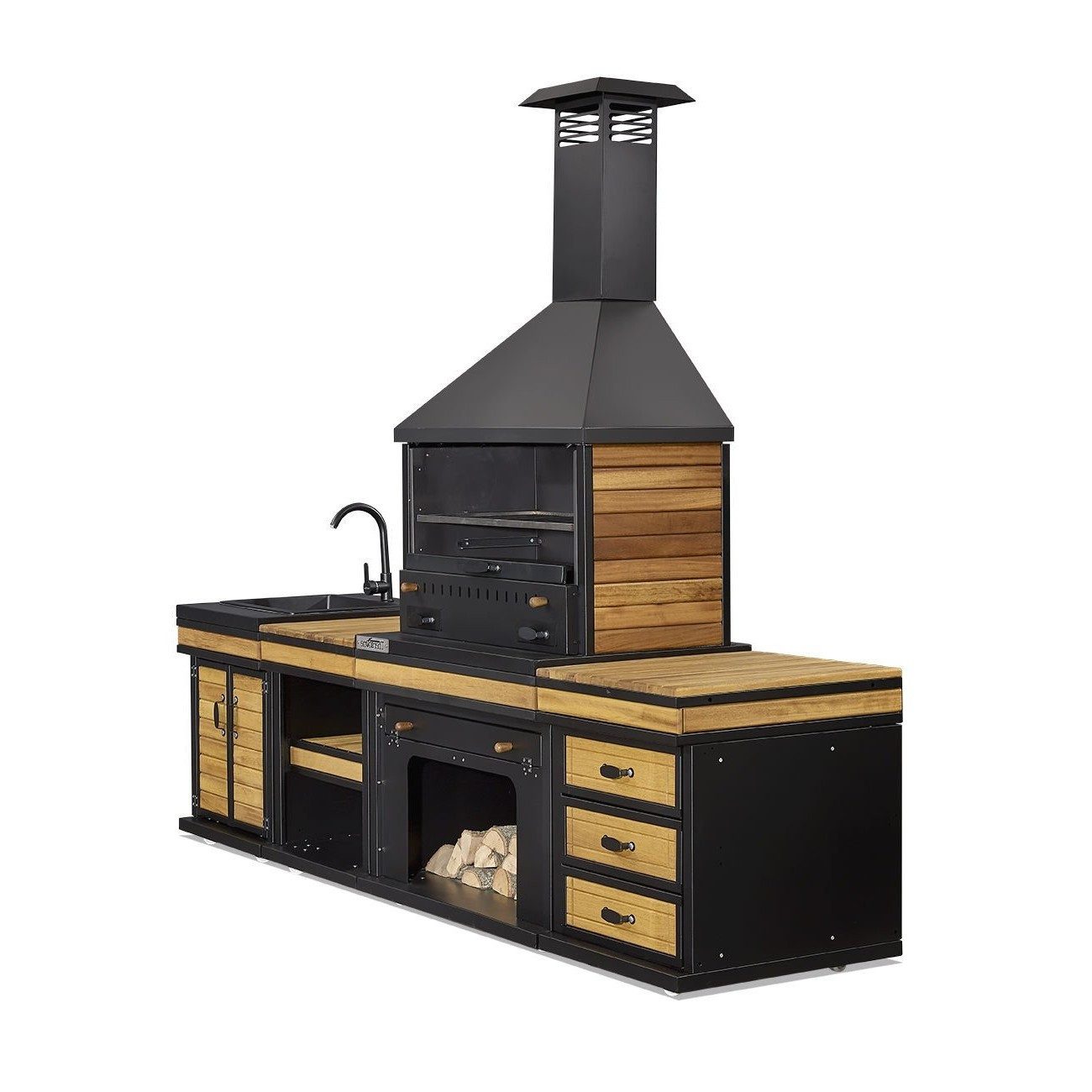 Xlmoebel Outdoor-Küche XLMOEBEL Außenküche Schwarz Holz Edelstahl modern robust, Made in Europa