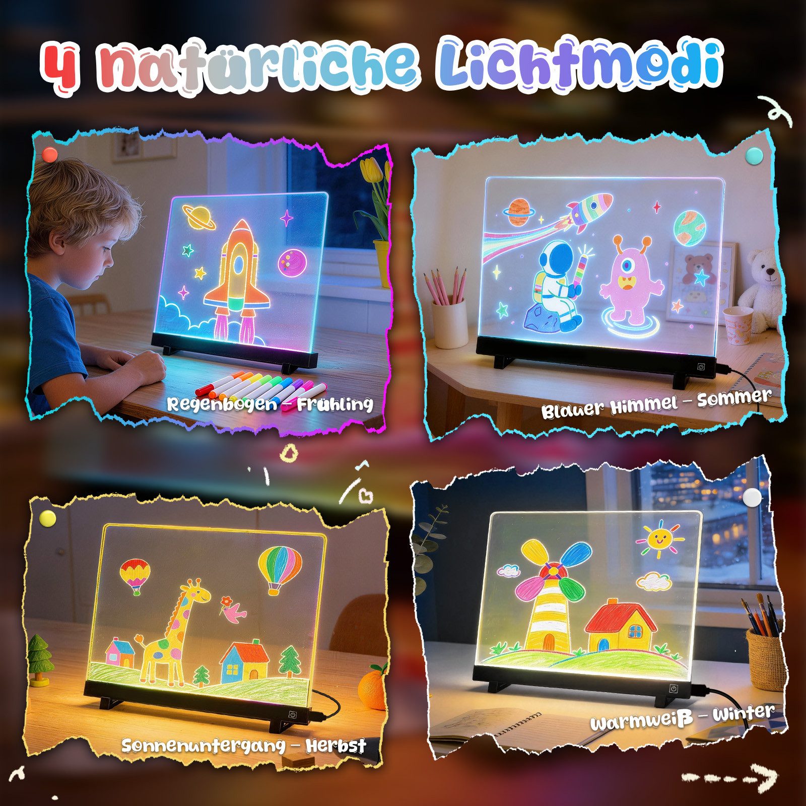 ANYSUN Memoboard Led Zeichenbrett,35x26cm großer Leuchtendes Acryl Led Maltafel Kinder, (1-tlg., LED Notiztafel Nachtlicht mit 4-Farben-Lichtmodi), kreatives Geschenk Geburtstagsgeschenke Geschenke Mädchen Jungen