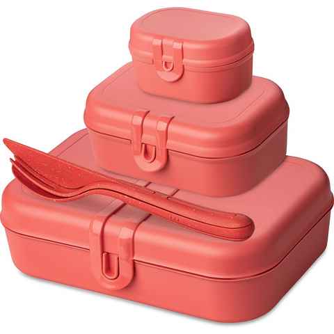 KOZIOL Lunchbox, Holz, Kunststoff, (Set, 6-tlg., 3 Lunchboxen +1 Besteckset bestehend aus 1x Messer,1x Gabel, 1x Löffel), biozirkulärem Material,spülmaschinengeeignet,melaminfrei,recycelbar