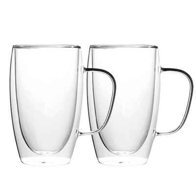 B&S Gläser-Set Thermogläser mit Henkel doppelwandig 2 x 450ml Tassen Borosilikatglas, Borosilikatglas