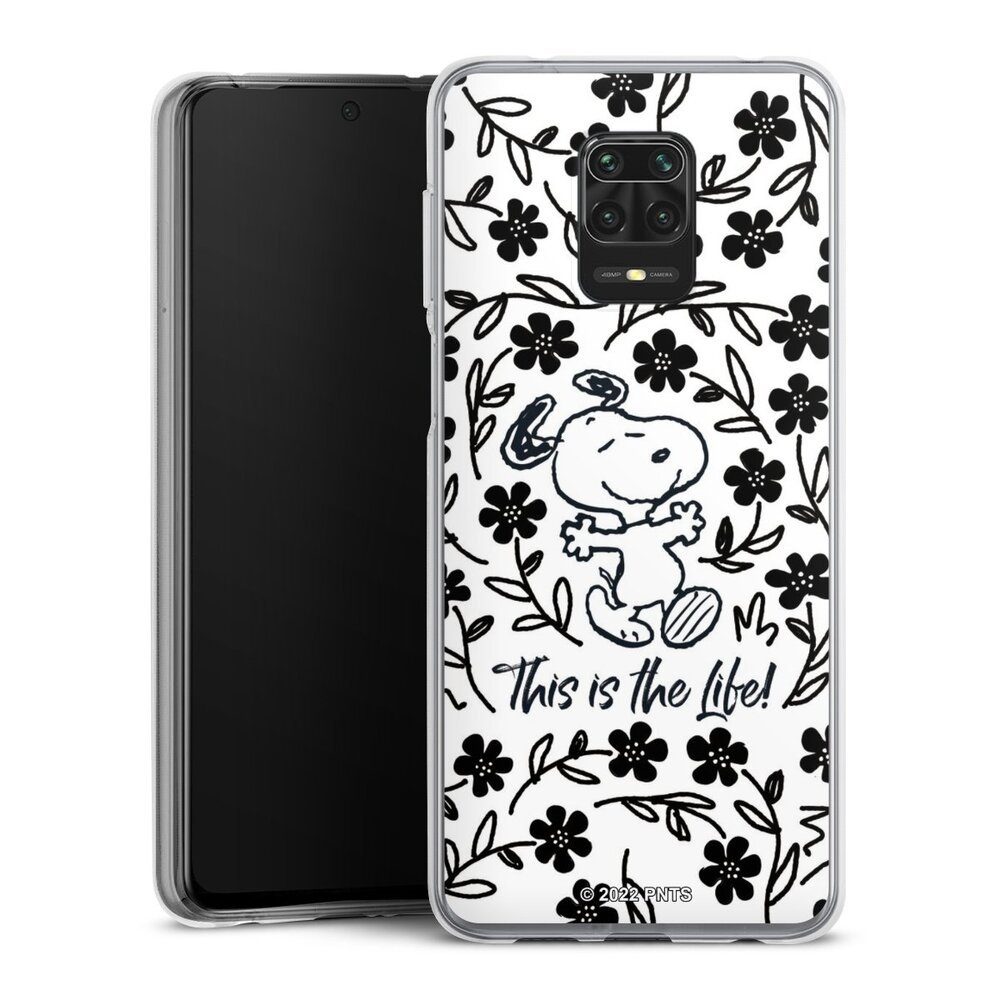 DeinDesign Handyhülle Peanuts Blumen Snoopy Snoopy Black and White This Is The Life, Xiaomi Redmi Note 9s Silikon Hülle Bumper Case Handy Schutzhülle