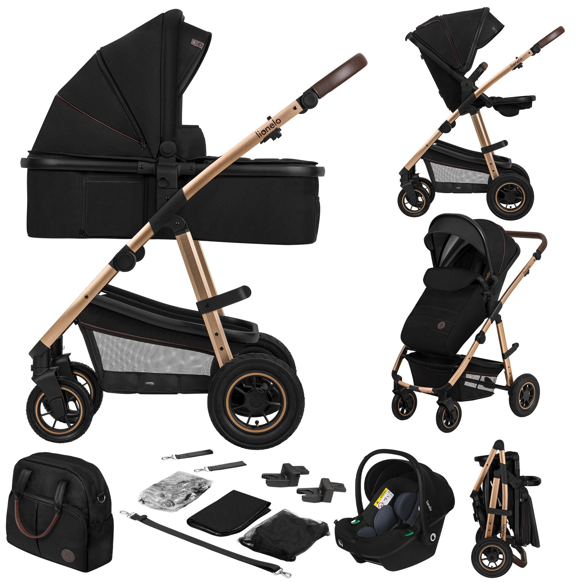 lionelo Kombi-Kinderwagen Amber 3in1, babyschale 0-13kg Tasche Moskitonetz Regenschutz 3in1