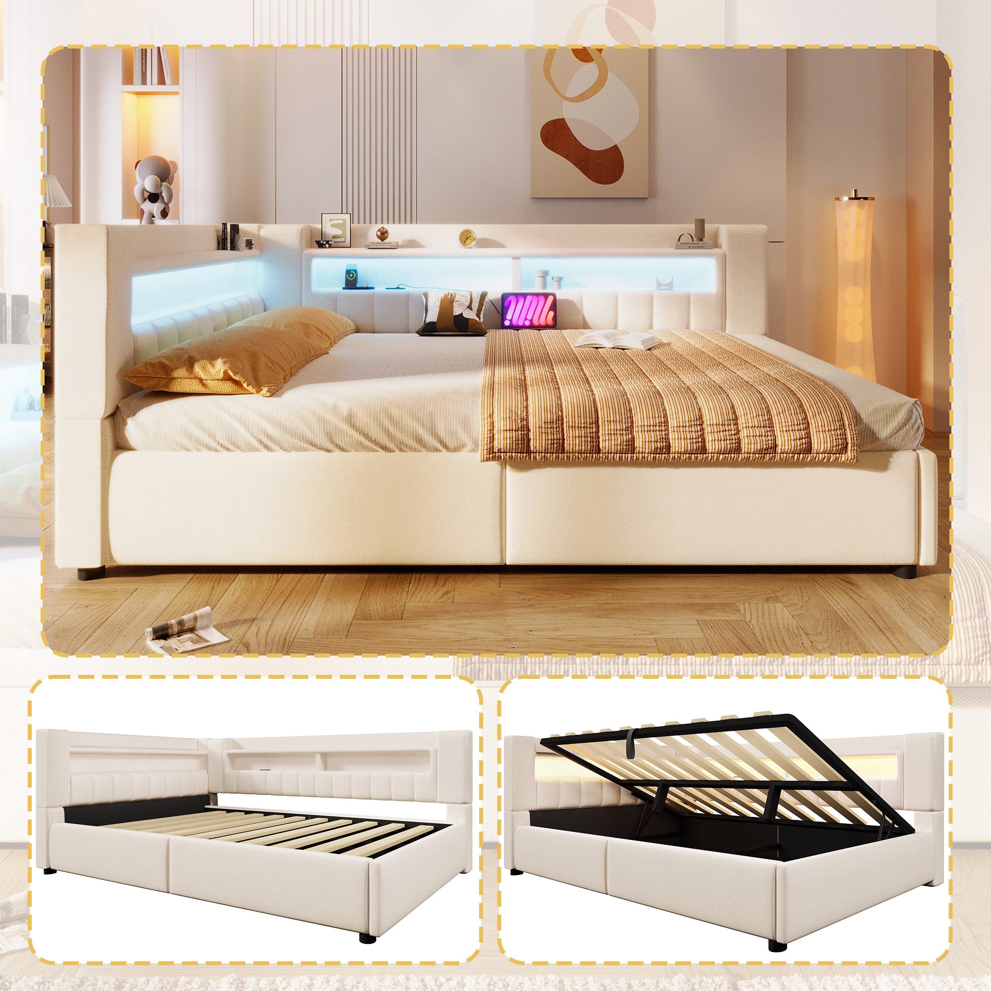 Odikalo Schlafsofa Schlafcouch 90x200 140x200 mit LED und Bettkasten, Hydraulische Lagerungt, Mit USB Typ-C Ladefunktion, LED-Beleuchtung,Sofabett, Einzelbett, Ohne Matratze, Leinen, minimalistischer Stil