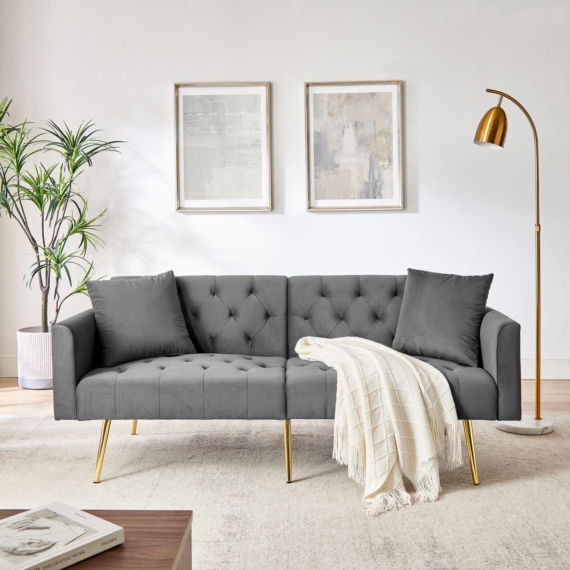 Celya Sofa 3-stufige verstellbare Rückenlehne, mit 2 beigelegte Kissen, stabile Metallbeine, Ideal für Wohnzimmer, Mietwohnung, kleines Apartment