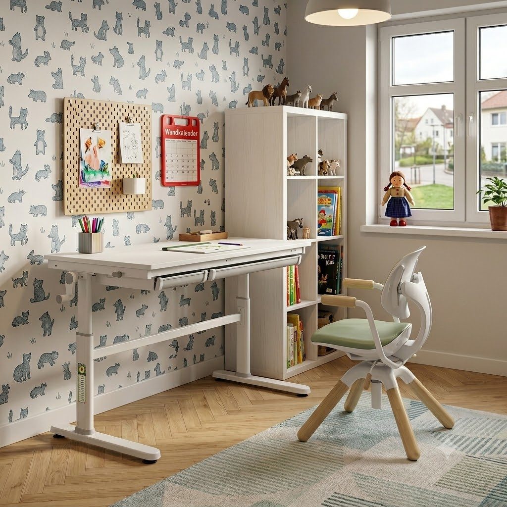 HOKO Kinderschreibtisch höhenverstellbar für Kinderzimmer (Tisch-Stuhl-Set, mit blendfreier Tischplatte und 2 Schubladen, 360° drehbar Stuhl), 120x60 cm, dynamisch mitbewegender Stuhl, Weiß-Grün, LEVI & ELIN