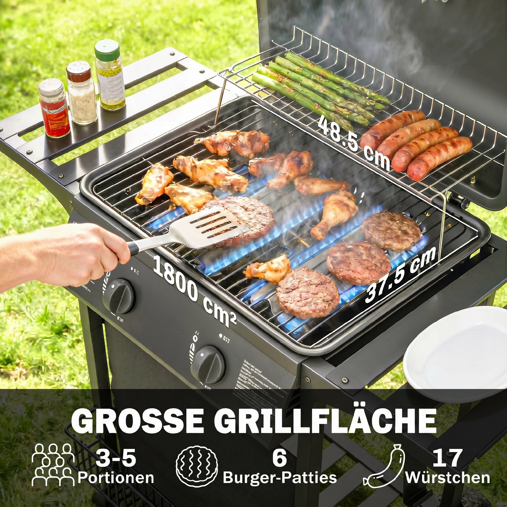 kowdom Gasgrill Gasgrill 5 kW 2 Brenner, 1800 cm², mit Seitentischen, schwarz, Gasgrill, Einzelgrill mit Zubehör, Gasgrill, 5 kW, 2 Brenner, 1800 cm², mit Thermometer