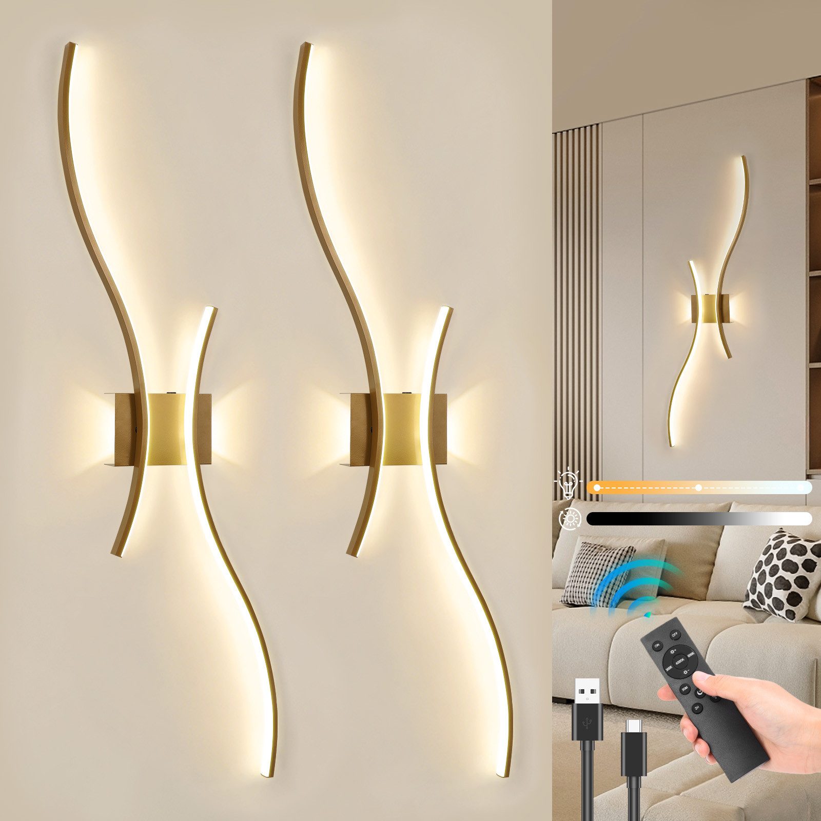 Rosnek Wandleuchte Modern Wandleuchte, Warmweiß, dimmbar, Akku, Memory, Sanfter Nachtlichtmodus, Hyperbolisches Design, für Schlaf- & Wohnraum