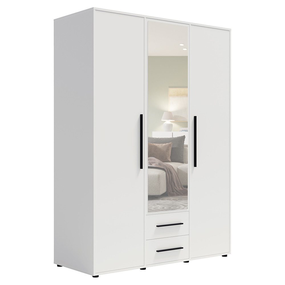 Lomadox Kleiderschrank MOLLERUSA-132 150 cm breit, weiß matt mit schwarzen Griffen, 3 Türen, 2 Schubladen