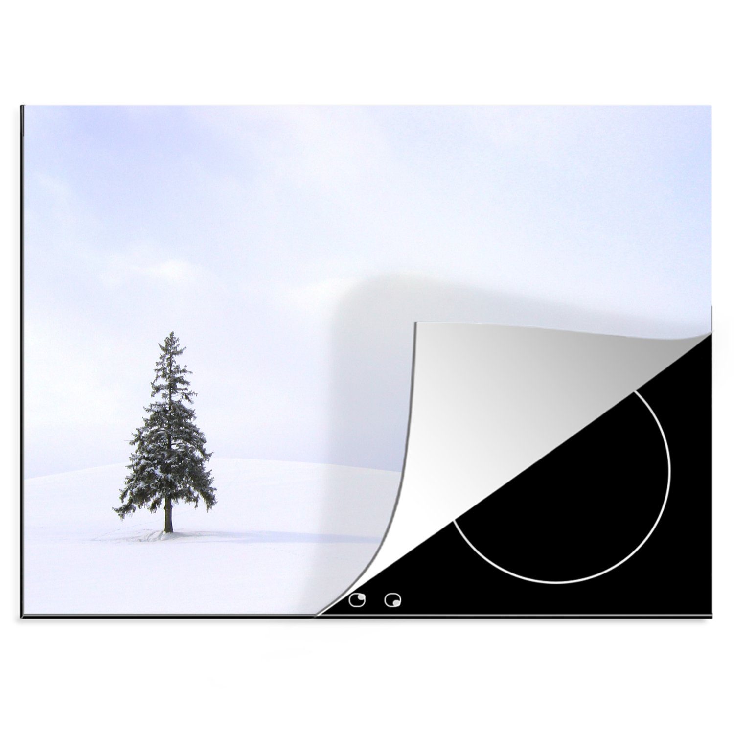 MuchoWow Herdblende-/Abdeckplatte Eine verschneite Lücke mit einer Kiefer, Vinyl, (1 tlg), 70x52 cm, Mobile Arbeitsfläche nutzbar, Ceranfeldabdeckung