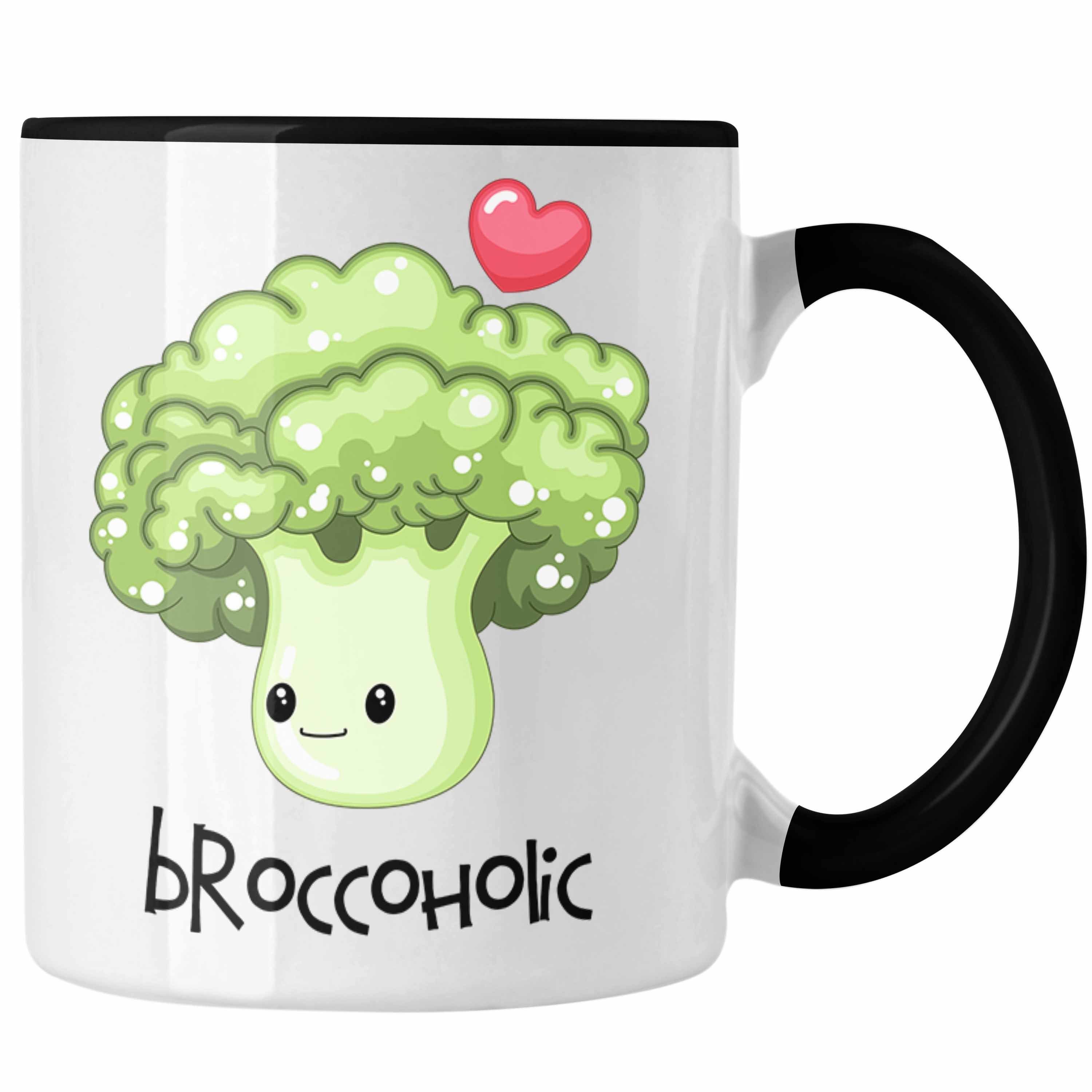 Trendation Tasse Lustige Broccoli-Tasse "Broccoholic" für Gemüseliebh Witziges Schwarz Geschenk