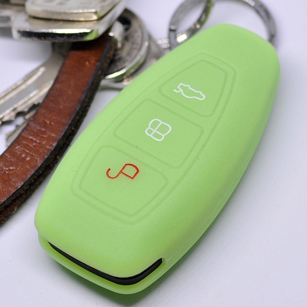 mt-key Schlüsseltasche Autoschlüssel Softcase Silikon Schutzhülle fluoreszierend Grün, für Ford C-Max S-Max B-Max Galaxy Focus Mondeo Fiesta Kuga 3 Tasten