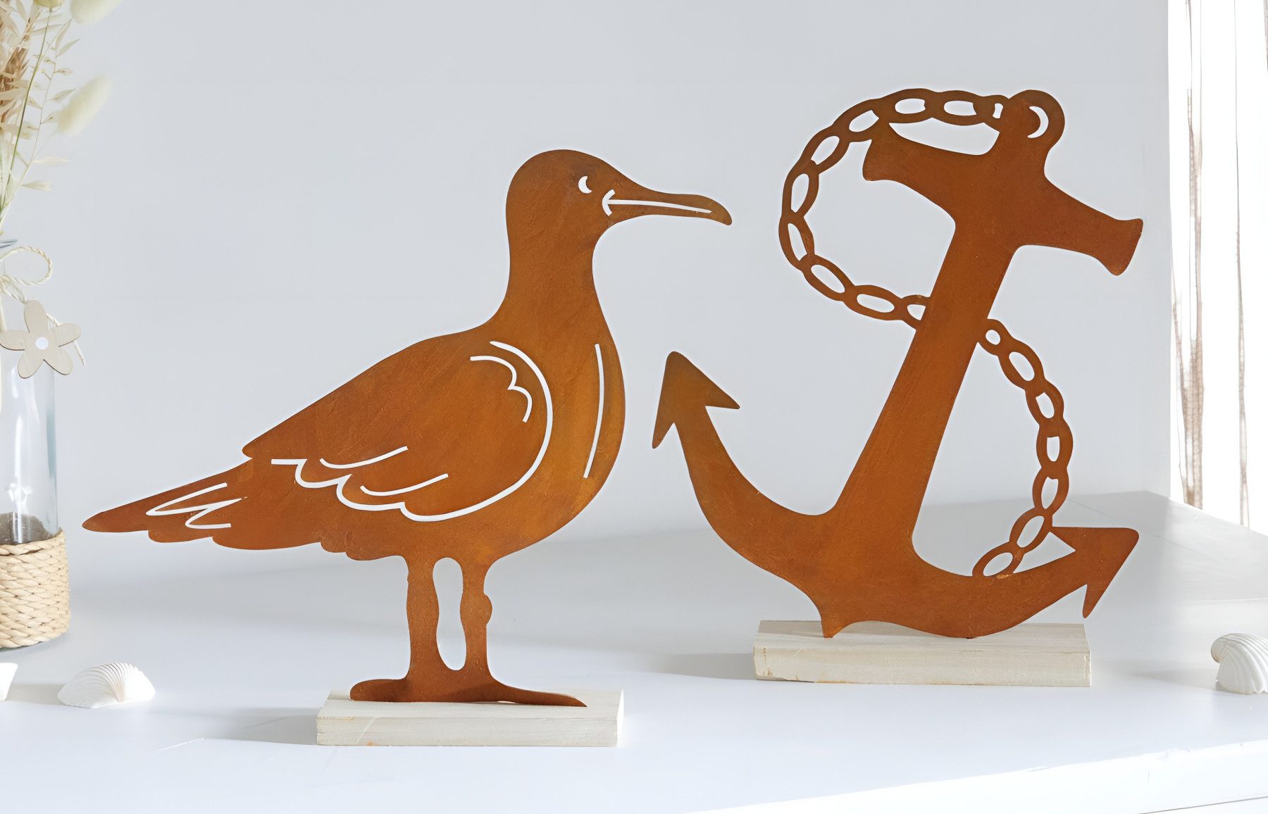 Dekoleidenschaft Dekofigur "Anker & Möwe" maritime Deko, Metall mit Rost Finish auf Holzsockel, Sommerdeko Urlaub Meer Strand
