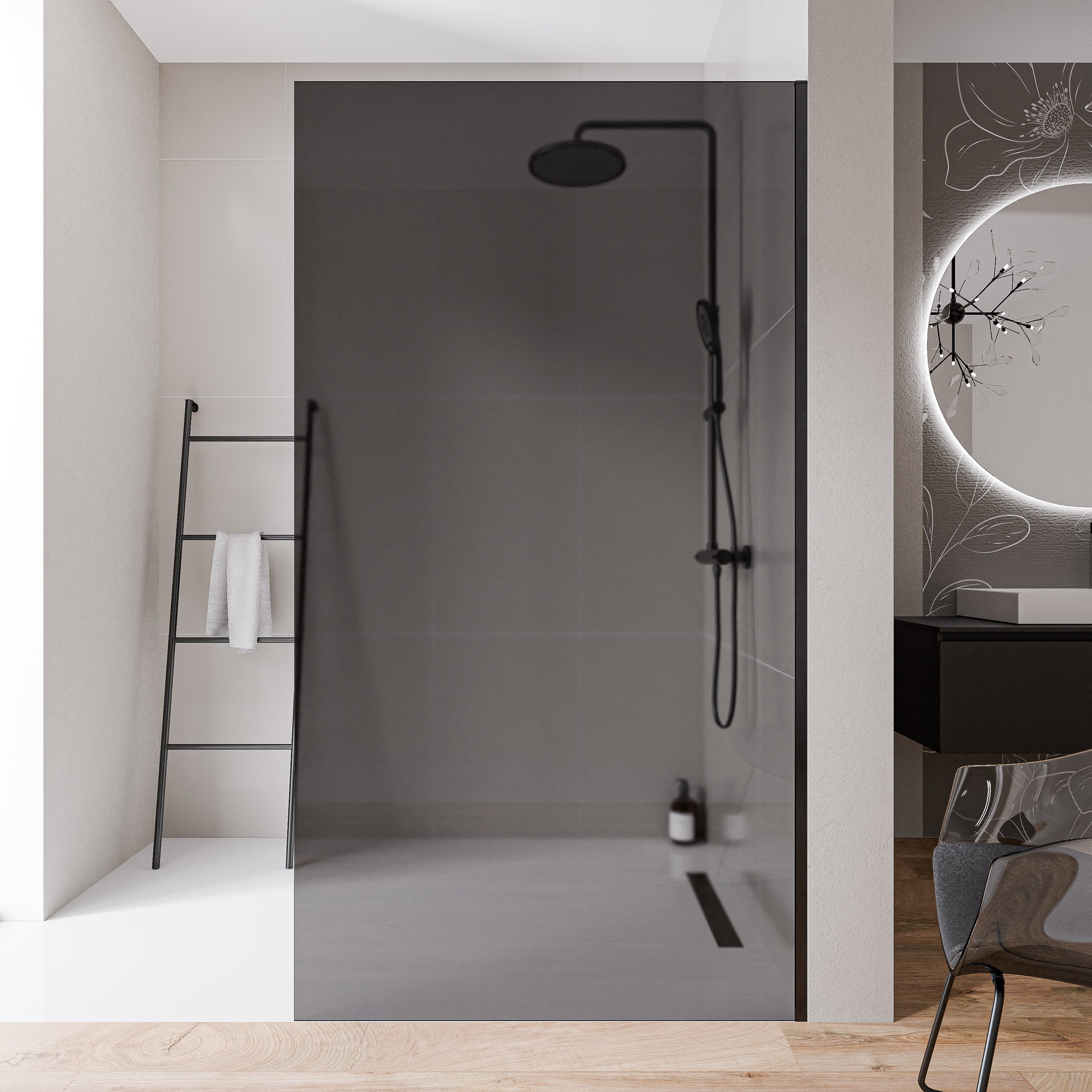 Bernstein Walk-in-Dusche EX102-2, Einscheibensicherheitsglas (ESG), (1 tlg., Ohne Bodenprofil), Graues Glas, 10 mm, Ohne Bodenprofil, Profil Schwarz matt
