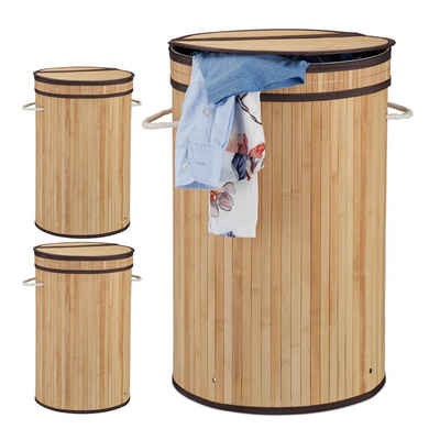 relaxdays Wäschekorb 3 x Wäschekorb Bambus mit Deckel natur