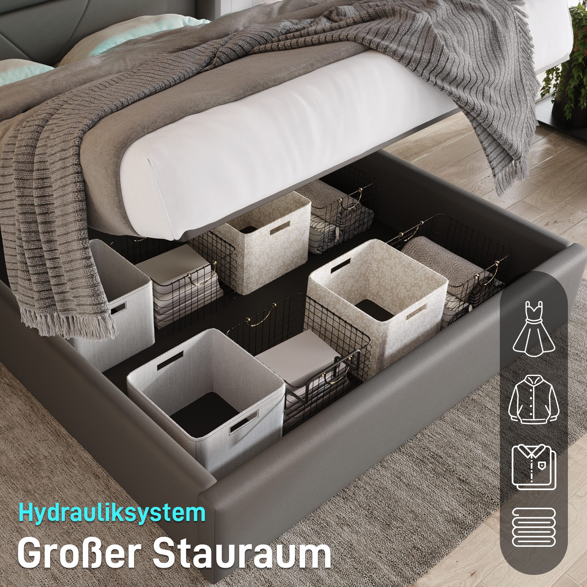 Flieks Stauraumbett (1-tlg), LED Hydraulisches Stauraumbett Kunstleder 140x200cm