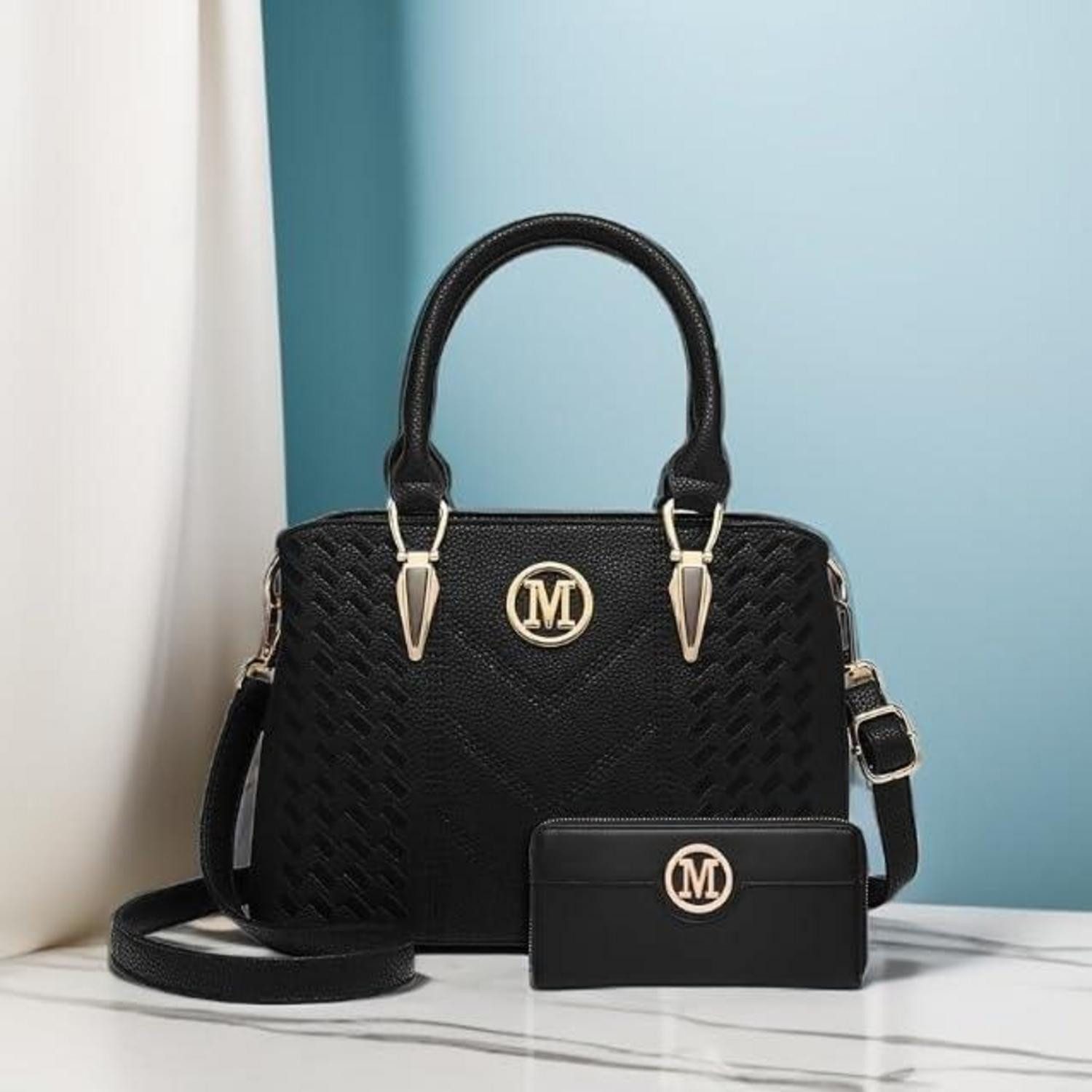 LuxusKollektion Henkeltasche Damen Handtasche mittelgroß schwarz Henkeltasche Geldbörse Set