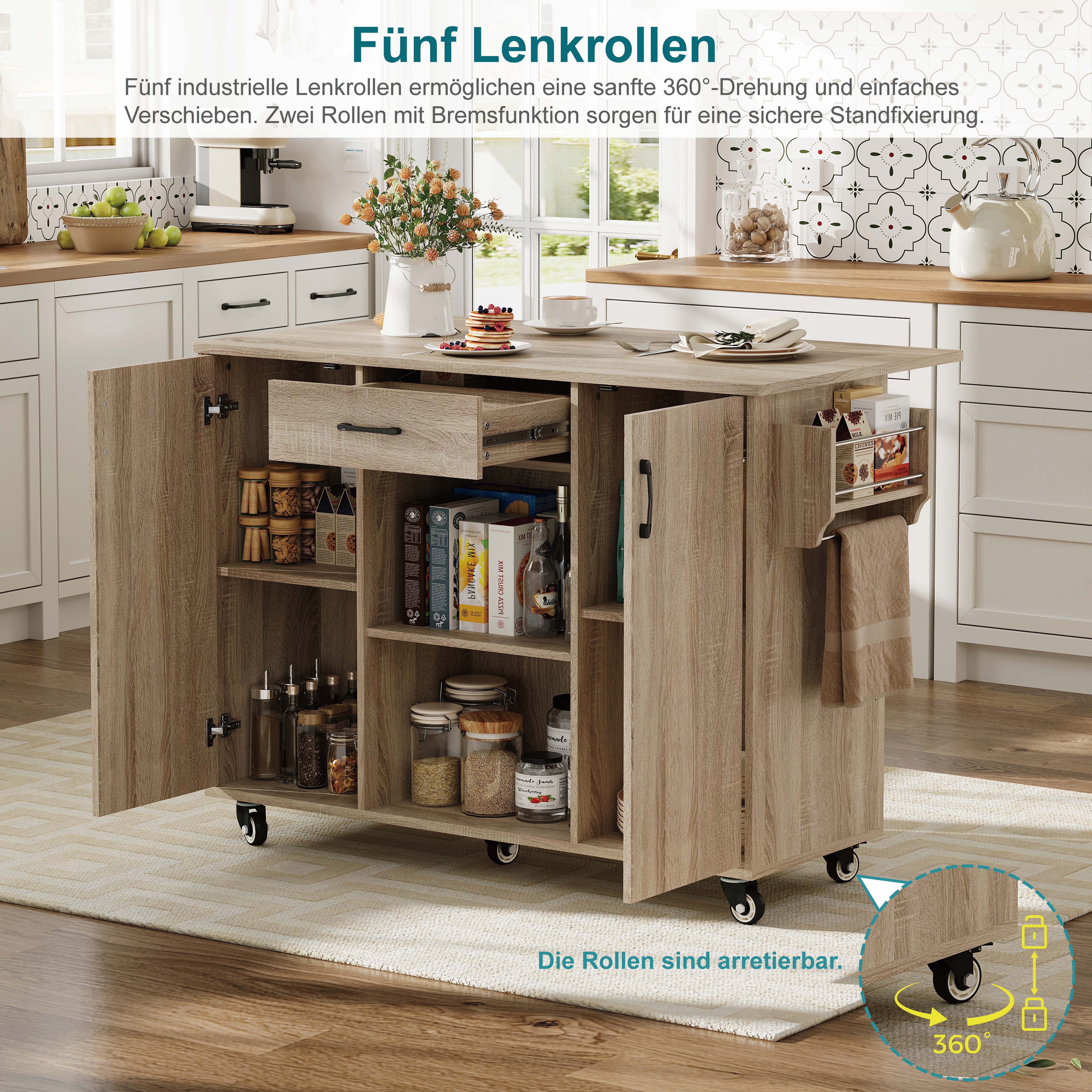 Odikalo Kücheninsel 120cm mobile Kücheninsel mit klappbarer Arbeitsplatte, (Rollbarer Servierwagen mit Schublade & Schrank)