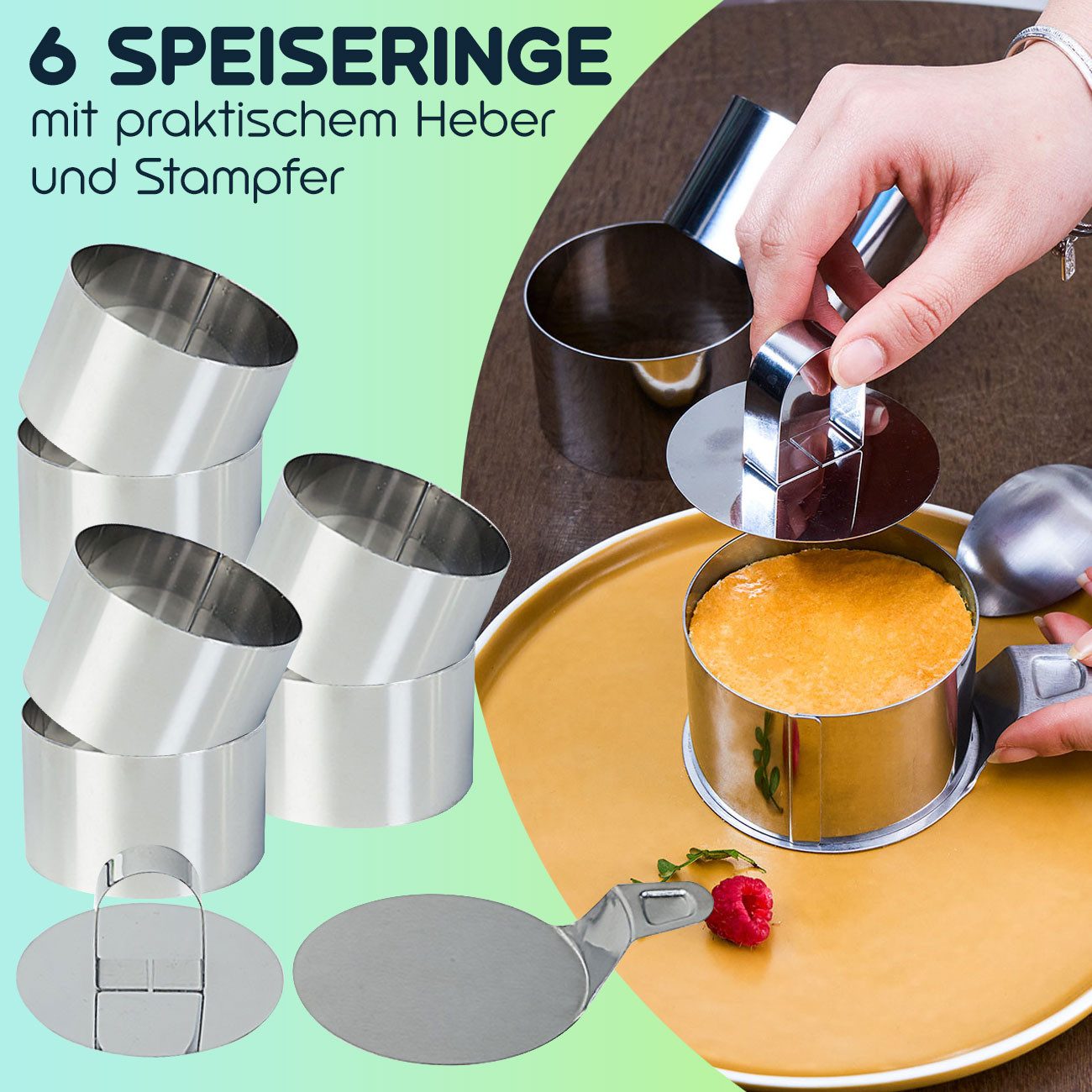 Casativo Speisering Dessertringe Speiseringe 6er Set Edelstahl Anrichtringe mit Stampfer, (6 tlg., 6er-Set), Je Ring Ø 8 x 5 cm/rostfrei/mit Heber & Stampfer