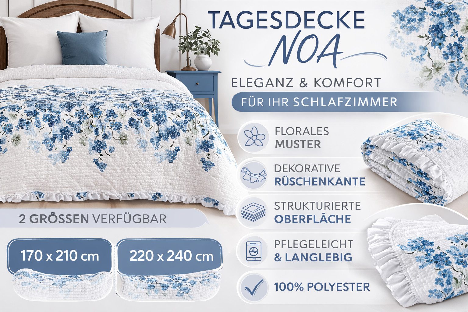 Eurofirany Tagesdecke Blaue Tagesdecke NOA, Florale Tagesdecke mit Rüschen, dekorativer Bettüberwurf