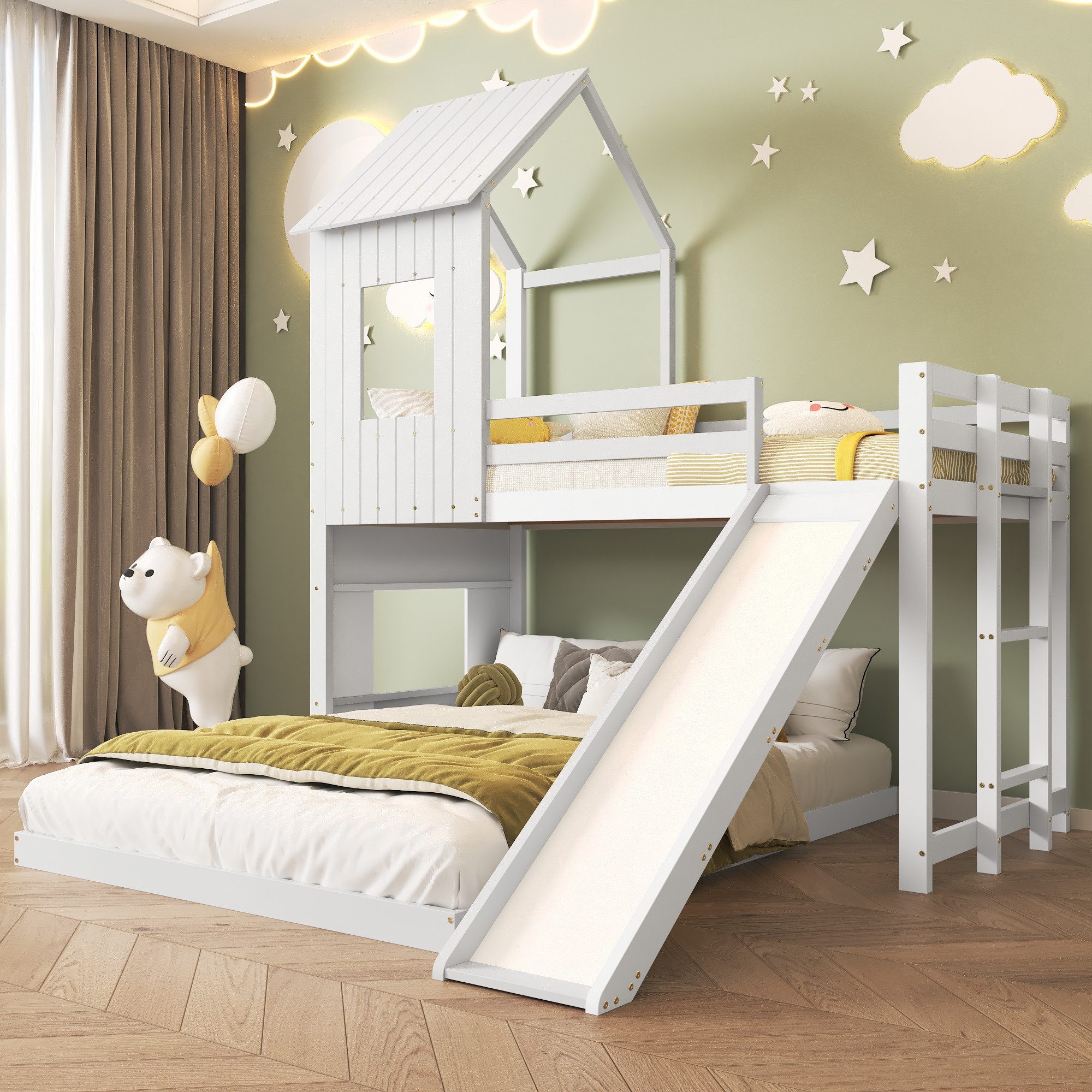 Merax Etagenbett, Kinderbett 90x200cm mit Unterbett 140x200cm, Hochbett Sto günstig online kaufen