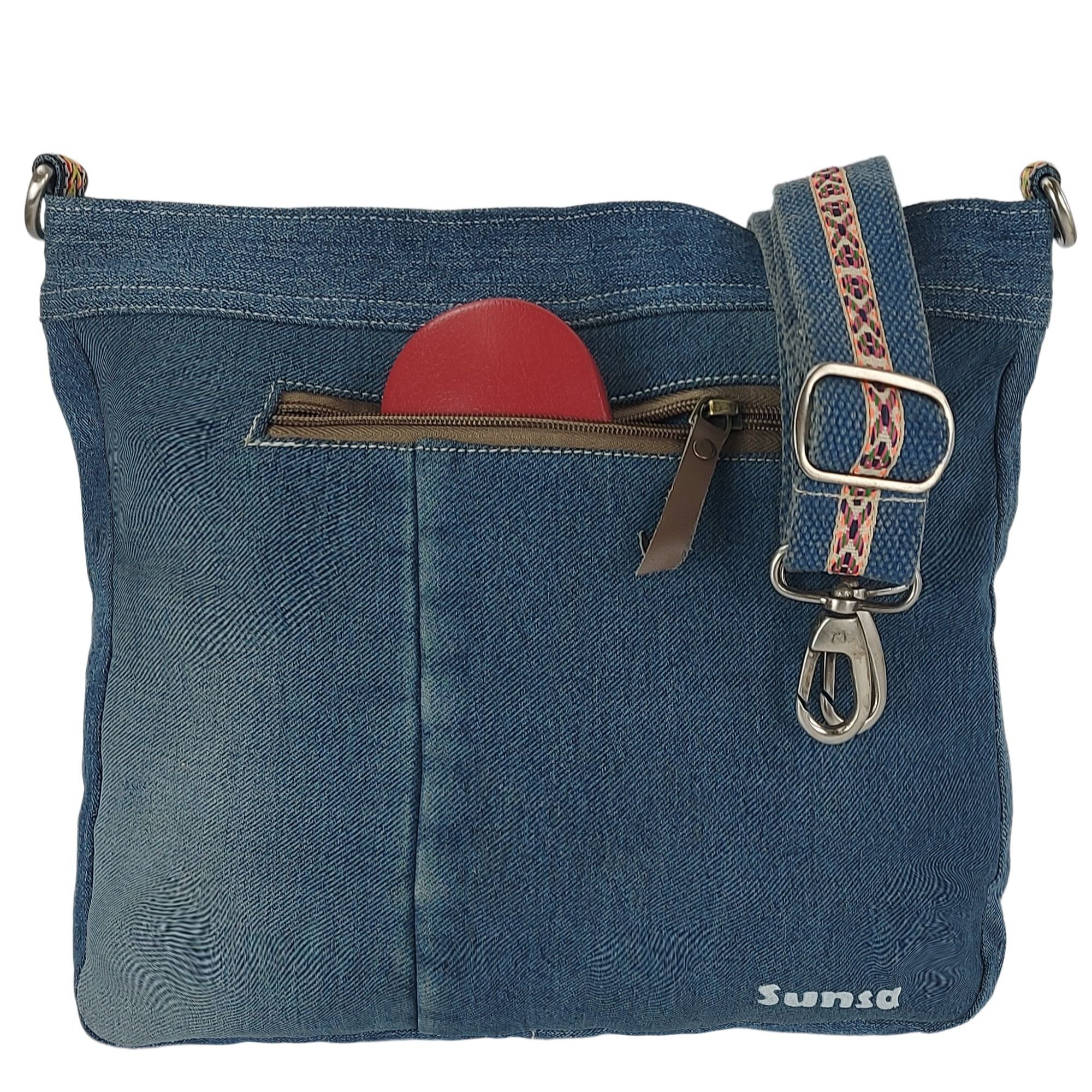 Schultertasche, Nachhaltige mit Sunsa Jeans, abnehmbaren rot/blau Material recyceltes Umhängetasche streifen Schulterriemen, enthält aus Damen recycelte Umhängetasche