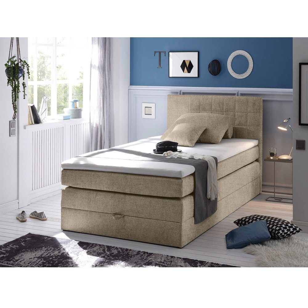 Lomadox Boxspringbett HUSUM-09, Liegefläche 120x200cm, Härtegrad H2, mit Bettkasten, in sandfarben Beige