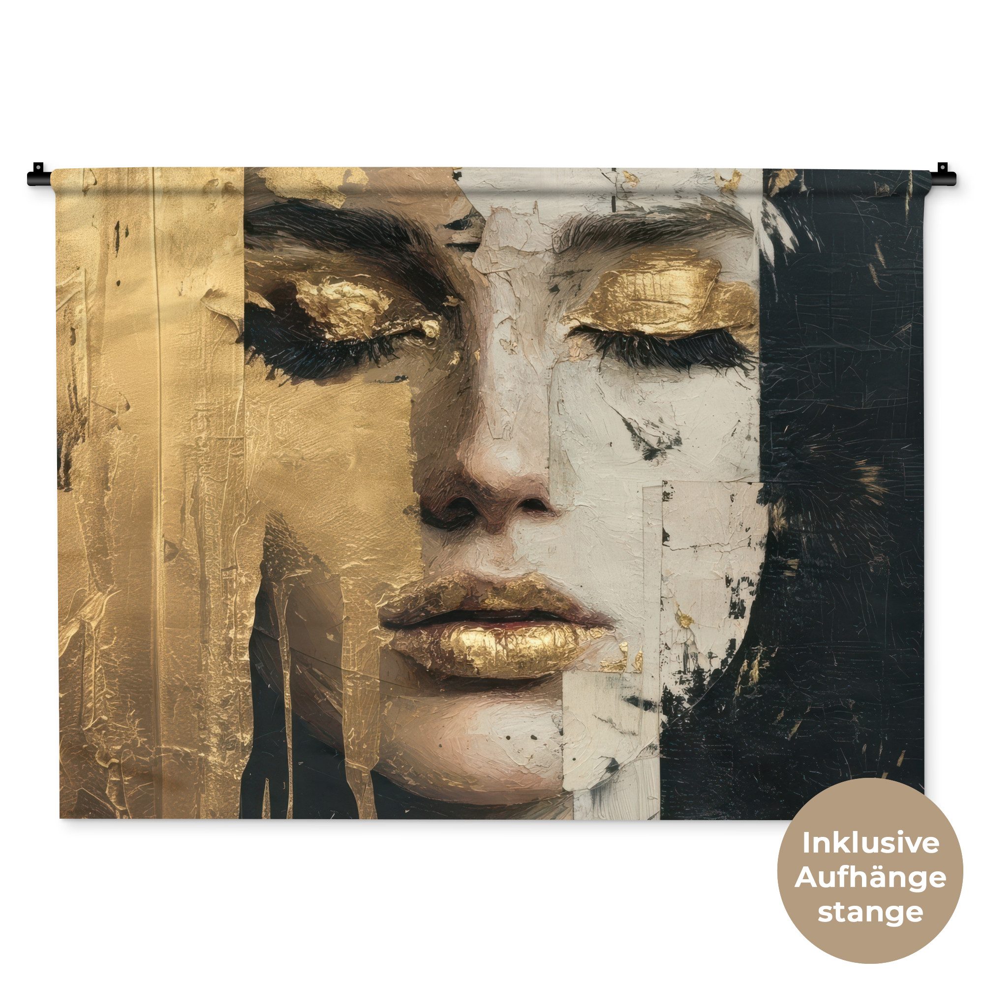 MuchoWow Wandteppich Abstrakt - Gold - Gesicht - Lippen, Rechteckig, Höhe: 3 mm, Wanddeko Teppich Wohnzimmer, Schlafzimmer, 120x90 cm