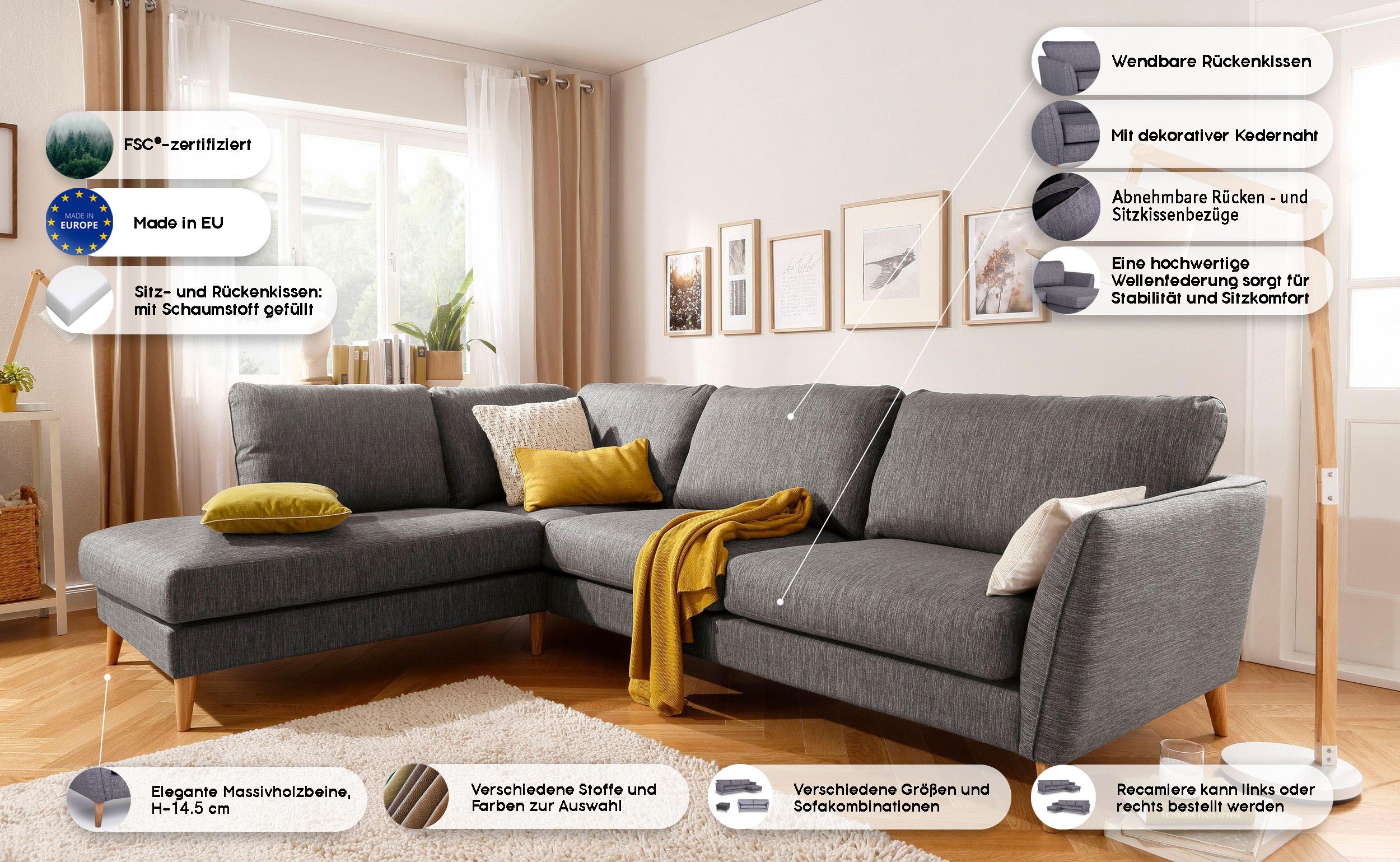 OTTO home Ecksofa MARSEILLE 278/202 cm, L-Form, Ottom. rechts/links, verschiedene Bezüge, Massivholzbeine Eiche, Landhausstil, Wellenunterfederung