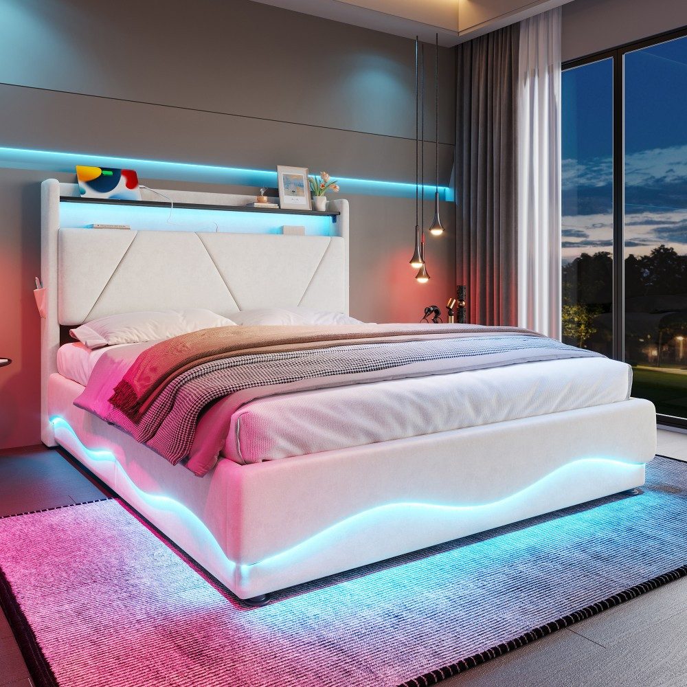TavilaEcon Boxspringbett Modernes Polsterbett mit Stauraum im Kopfteil und LED-Beleuchtung (1-St), mit Lattenrost, USB- und Type-C-Anschlüsse – Bild 3 von 5