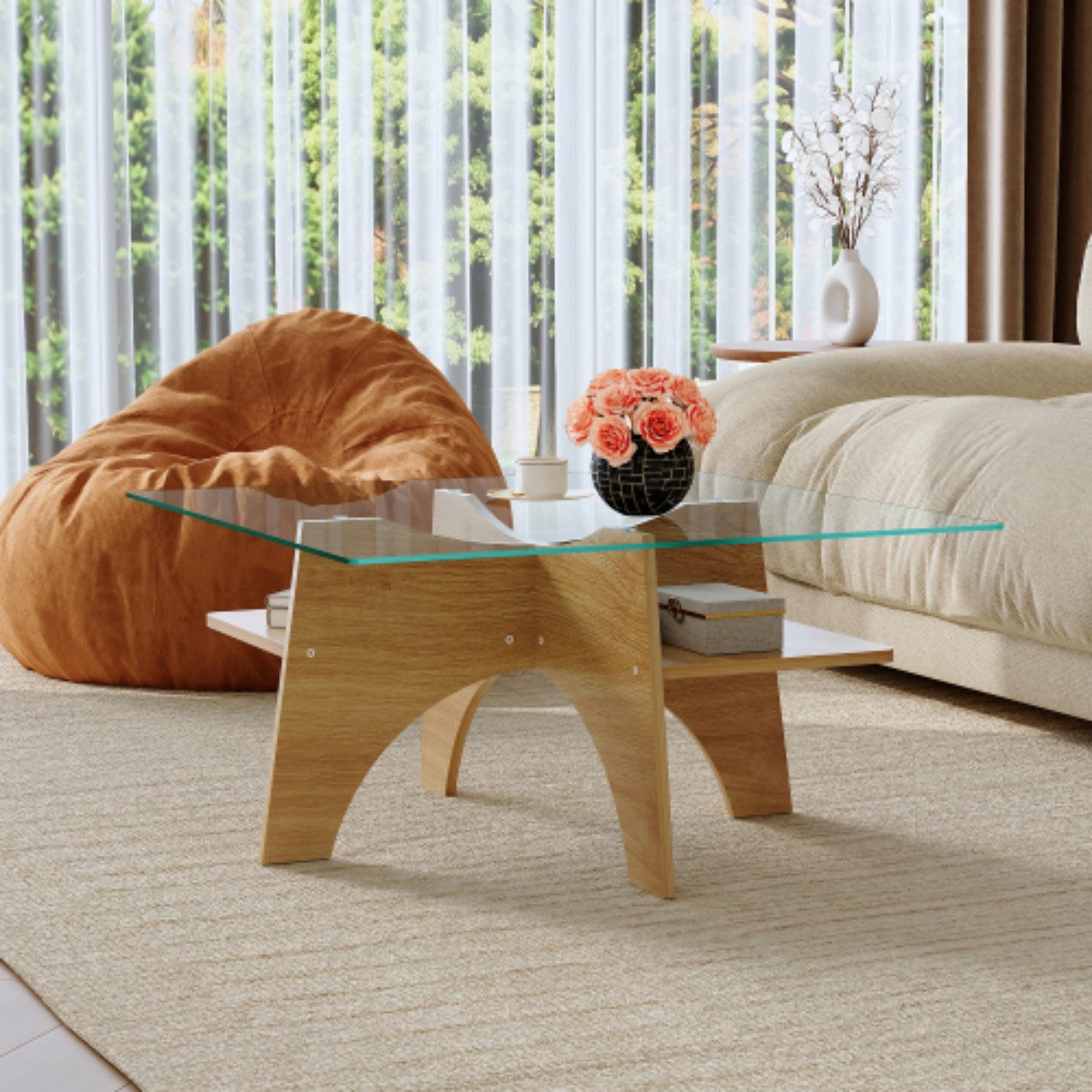 ANYSUN Couchtisch Quadratischer Wohnzimmertisch mit Stauraum, Holzoptik, Beistelltisch mit Zubehörset & Anleitung, 80x80x40 cm