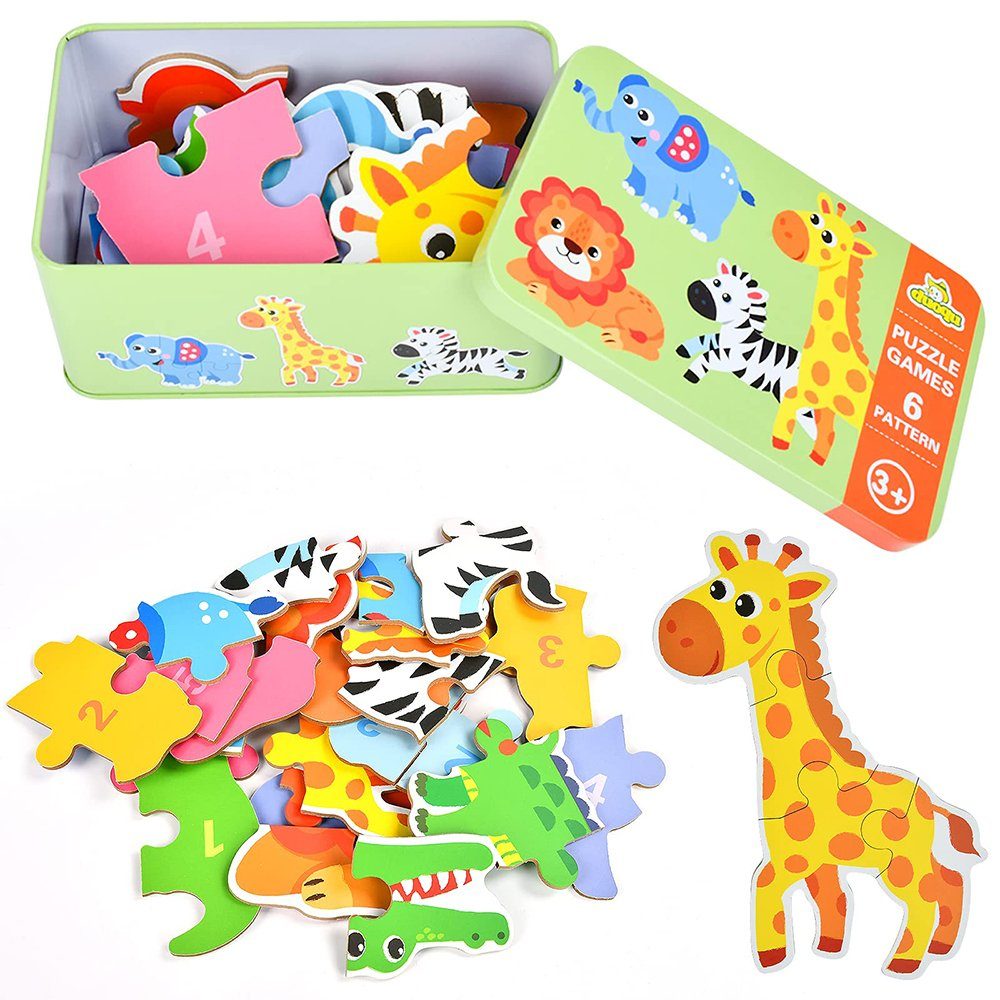 Holzpuzzle Konturenpuzzle Juoungle Puzzles Lernen Puzzleteile Form Frühes Bunt(Wildes Tier) Lernspielzeug, Kinder Set,