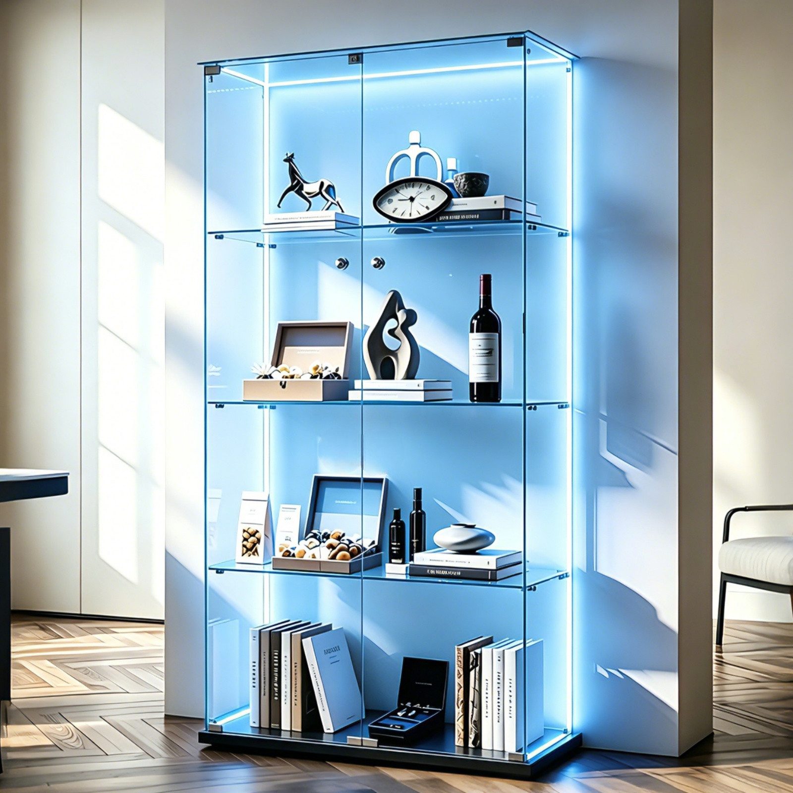 Simurq Glasvitrine Standvitrinen mit LED Beleuchtung Vitrinenschrank mit Glastür (glas vitrine mit 2 Glastür und 4 Lagen,Schloss,Kippsicherung) Sammlervitrine aus gehärtetes Glas,Modernes rahmenloses Design