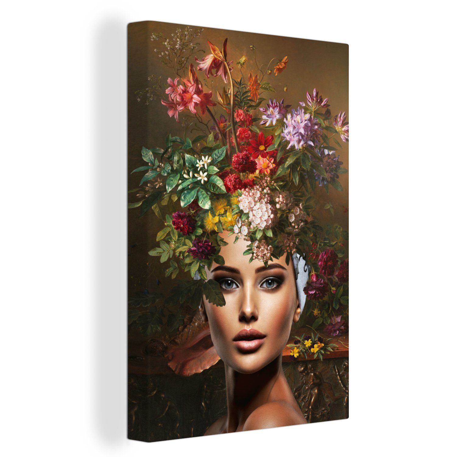 OneMillionCanvasses® Leinwandbild Frau - Blumen Leinwandbild fertig Farben, inkl. bespannt cm St), Gemälde, - (1 Zackenaufhänger, 20x30