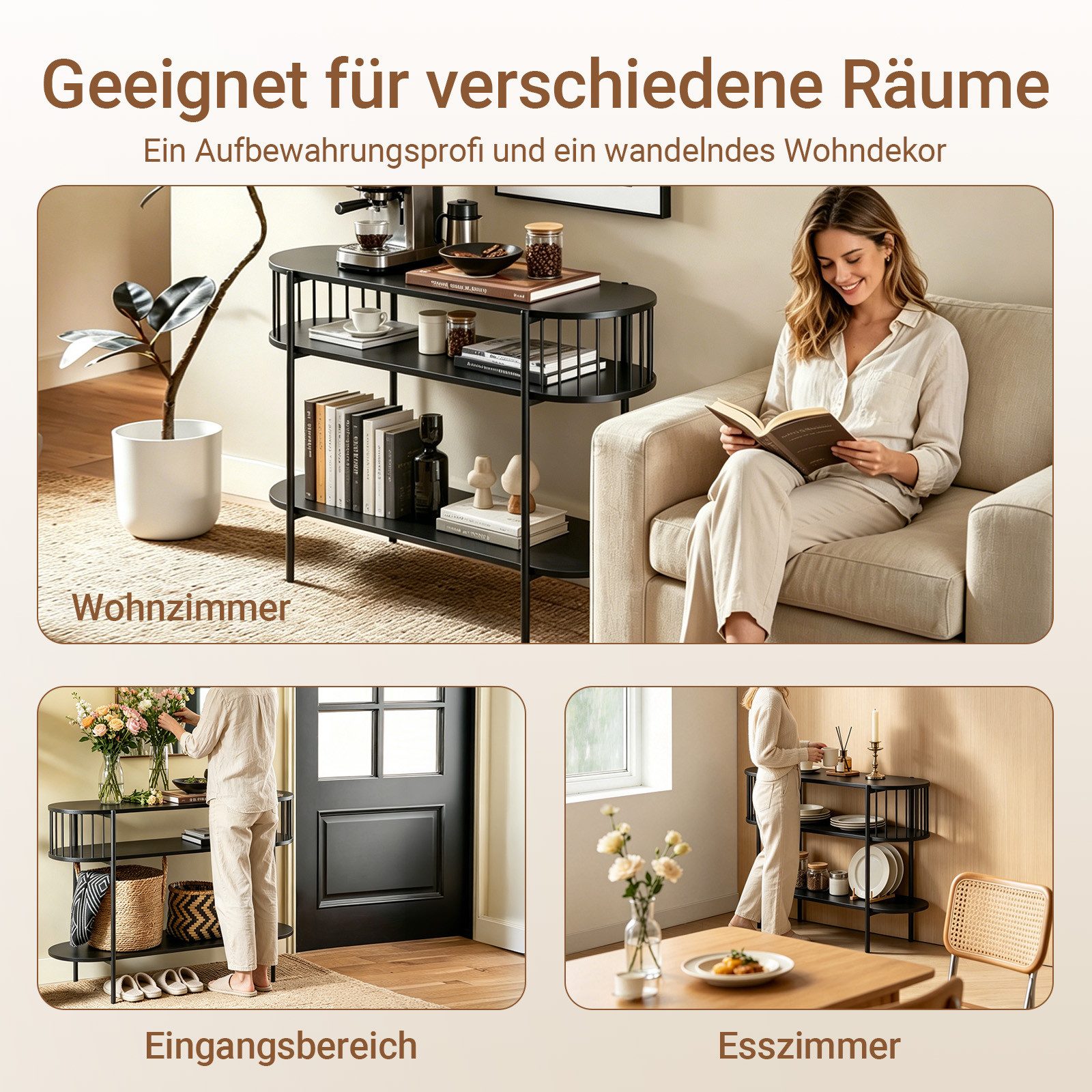 SoBuy Konsolentisch FSB90, Flurtisch schmal, Sofatisch, Metall mit 3 Ablagen, Konsole Holz, Konsolentisch Modern, für Flur, Wohnzimmer, Esszimmer, Großer Stauraum