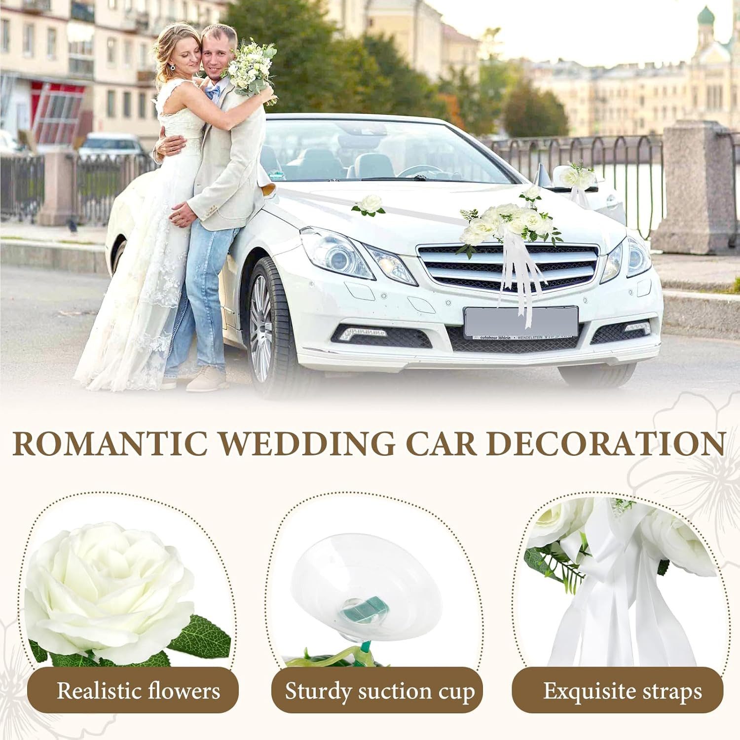 FELIXLEO Dekohänger Autoschmuck Hochzeit Motorhaube Weiß 9 Rosen Saugnäpfen Bänder Set (9 St) – Bild 5 von 5