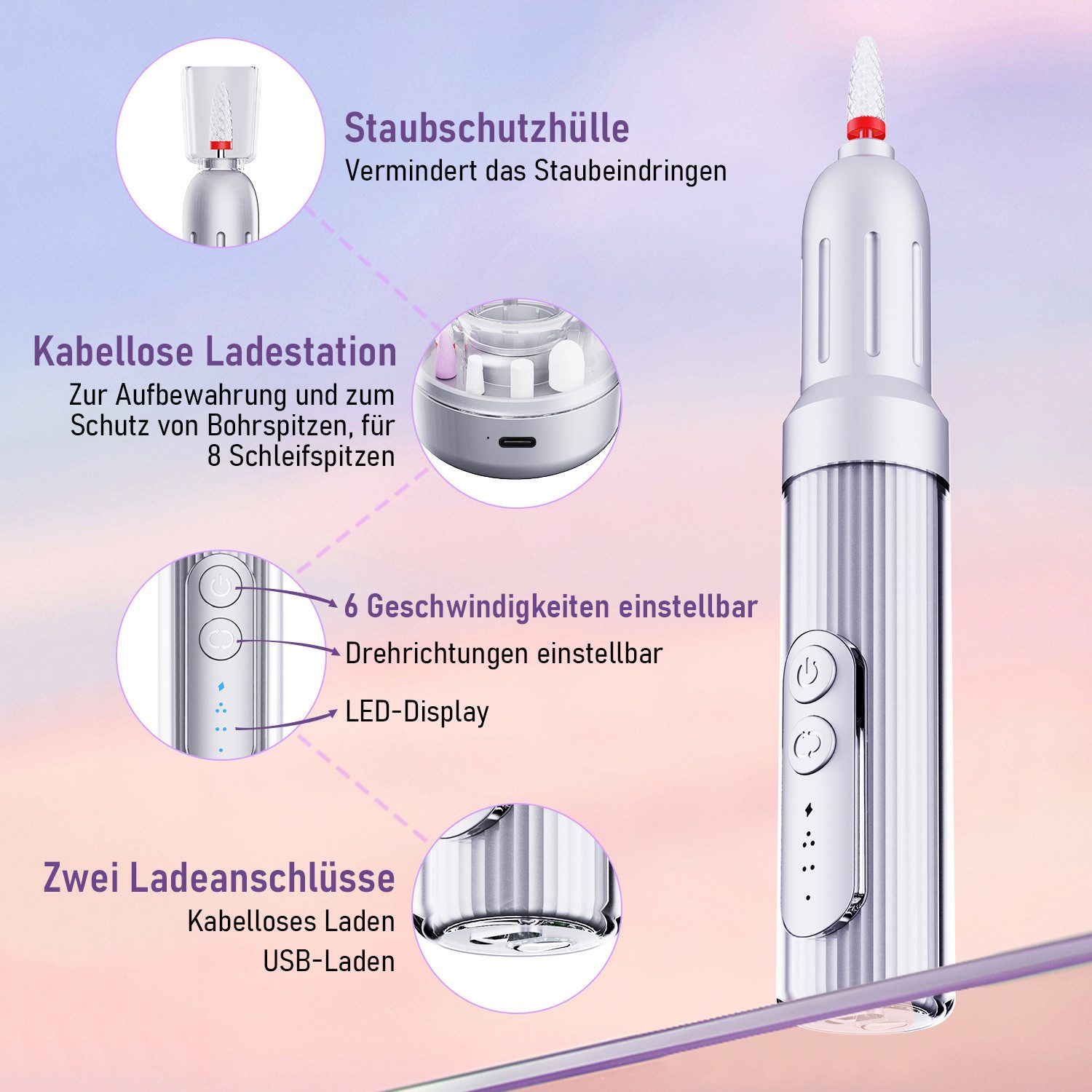BRAIDOL Maniküre-Pediküre-Set Professionell Elektrische Maniküre & Pediküre-Set, Nagelfräser, 12 In 1 Professionell Elektrische Nagelfräser mit 1 Staubschutzhülle, 6 Geschwindigkeiten einstellbar,mit LED-Anzeige, 2 Lademodi
