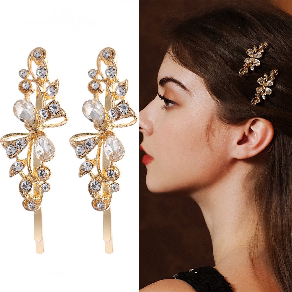 RWEUOQ Diadem 2 Stück Haarspangen für Frauen Mädchen, Braut Haar Accessoire (2-tlg., Kristall Strass Haarspangen,Elegante Metall Haarnadeln Blume), Haarspangen Alltagstaugliche Vielseitige Strass Clip